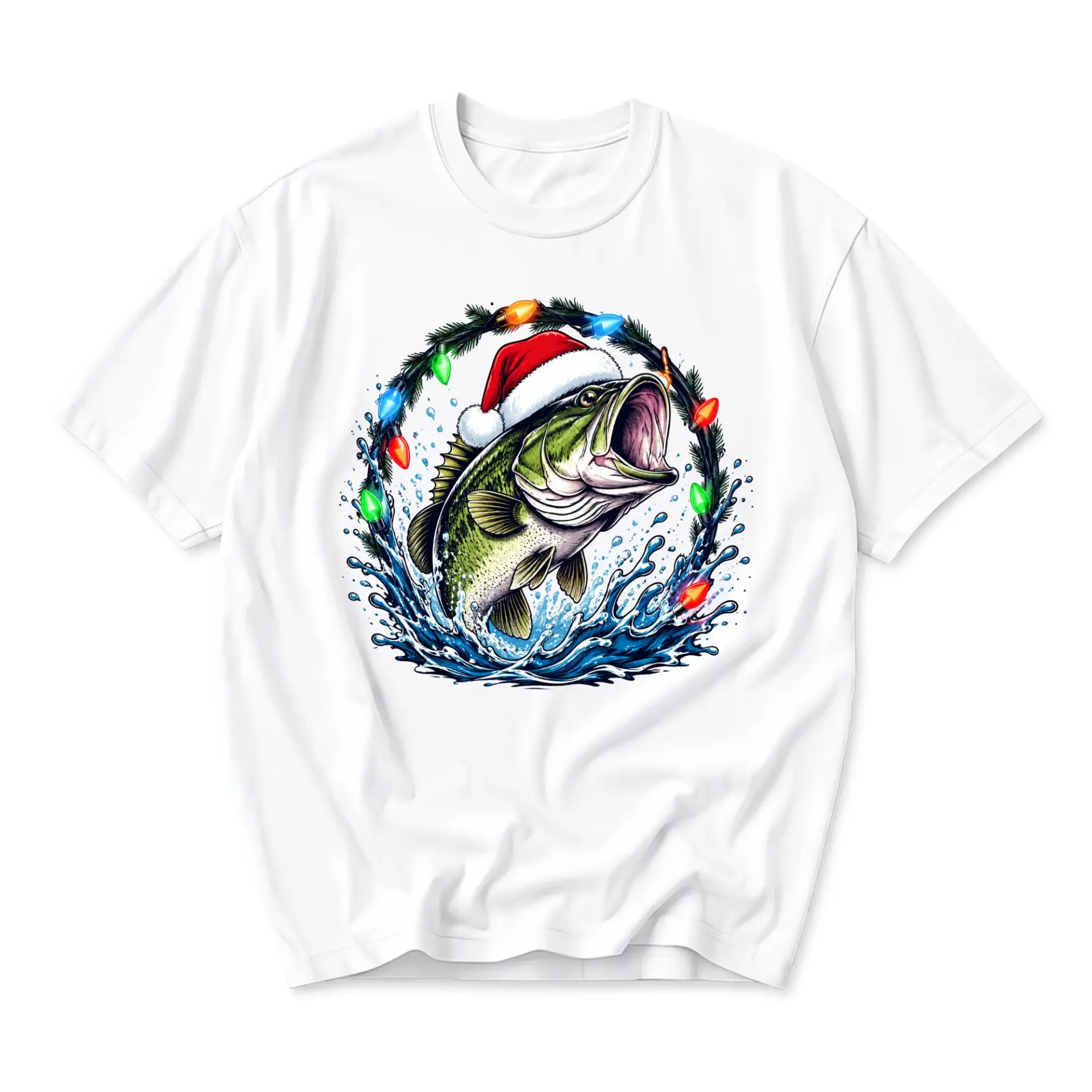 Funny Shirt Graphic Tee Featuring Jumping Fish Wearing a Santa Hat for