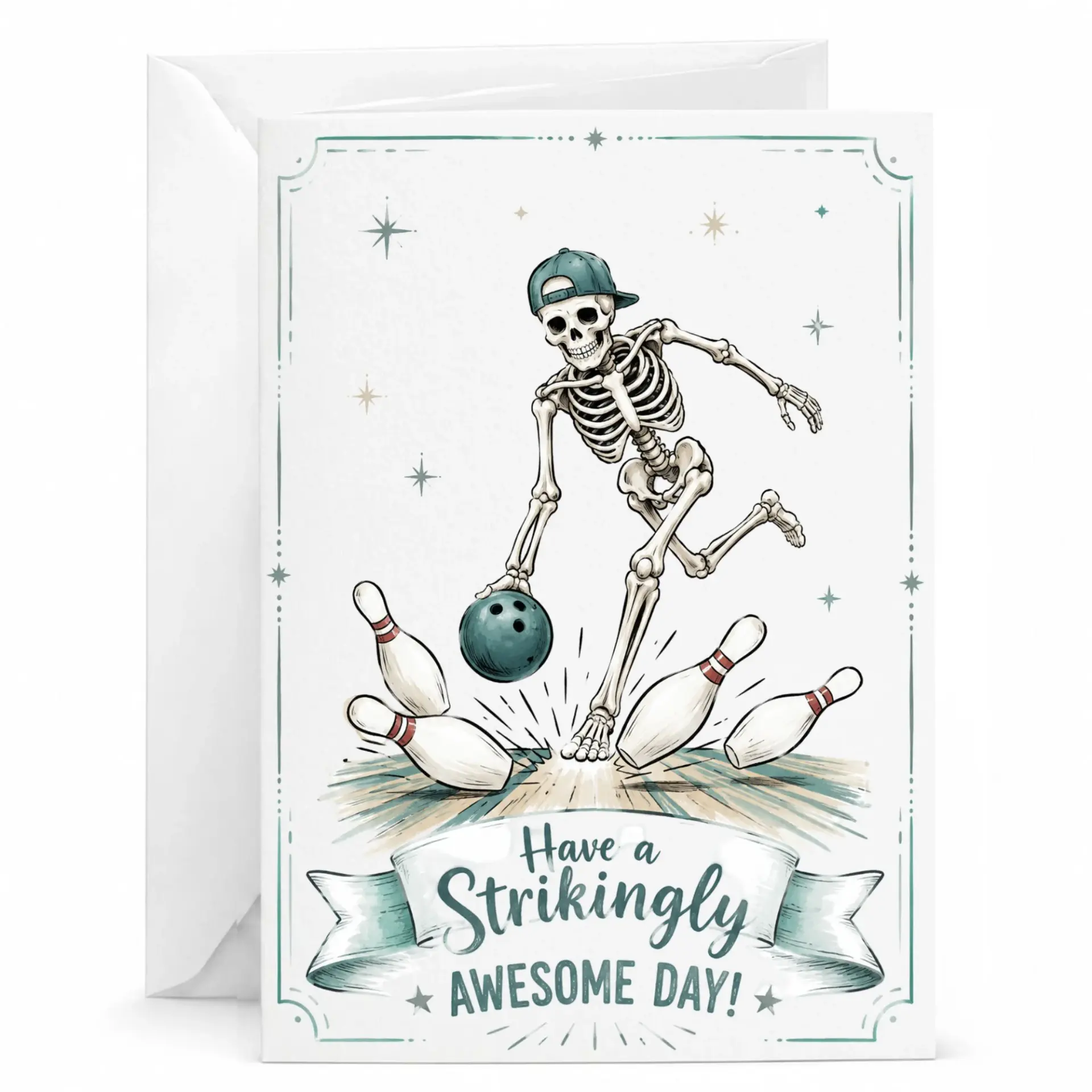 Funny Bowling Greeting Card with Skeleton Design for Birthdays and Celebrations Blank Folded Note 5x7 Inches