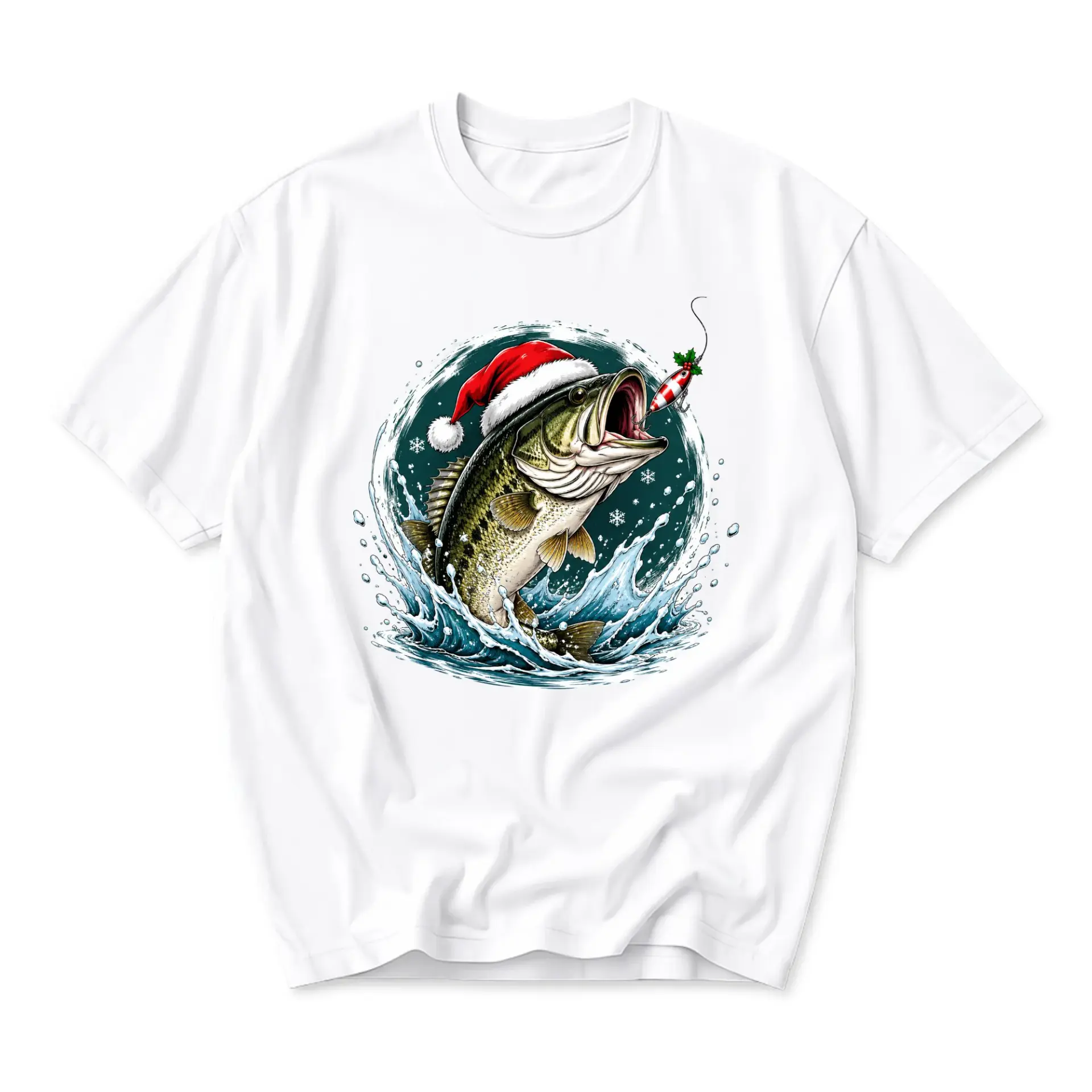 Graphic Tee Unisex Crew Neck Short Sleeve Shirt Featuring Fish Wearing a Santa Claus Hat Fishing Design