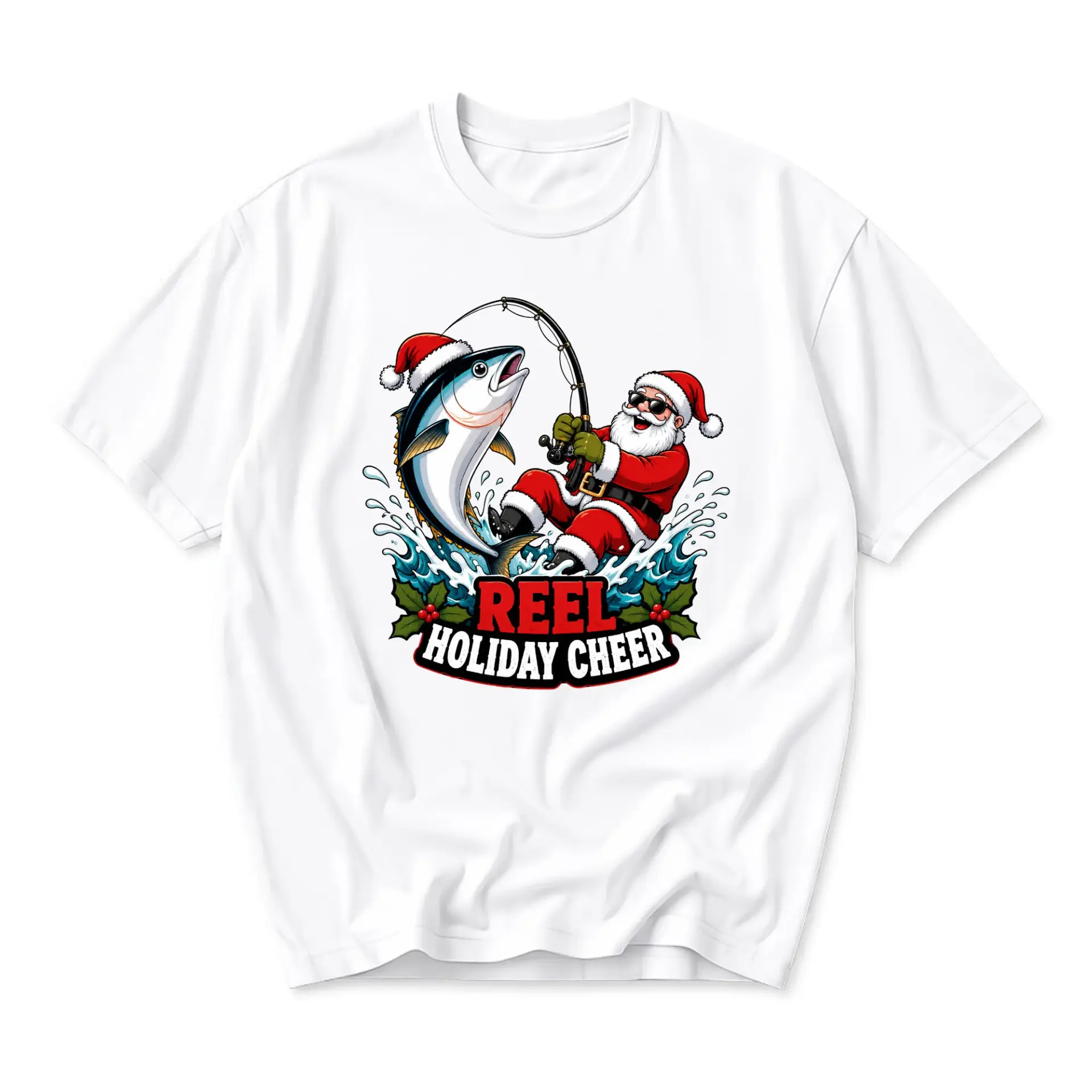 Funny Shirt Reel Holiday Cheer Fishing Santa Graphic Tee Seasonal Unisex