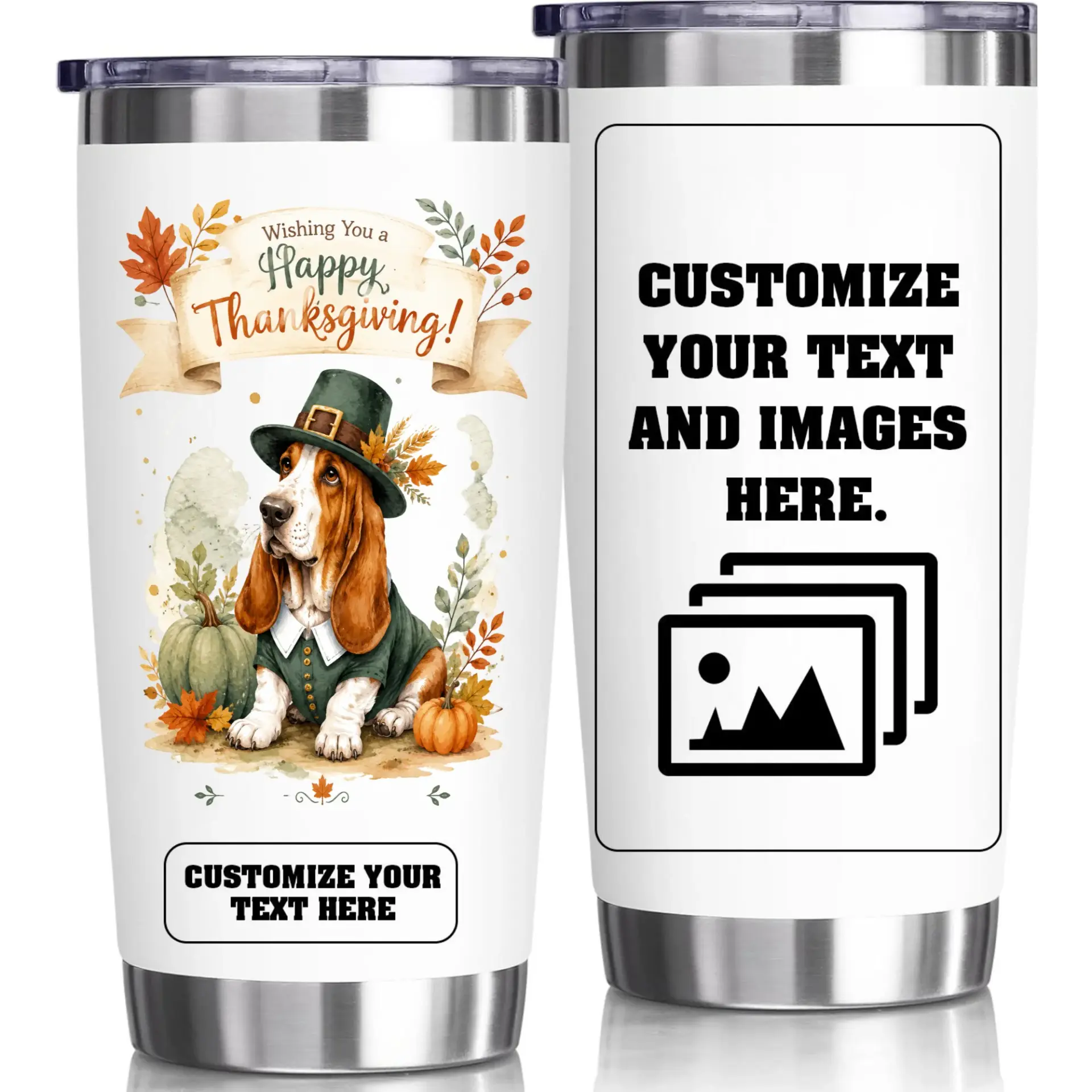 Insulated Stainless Steel Tumbler 20oz Personalized Fall Thanksgiving Basset Hound Dog Travel Coffee Mug Cup