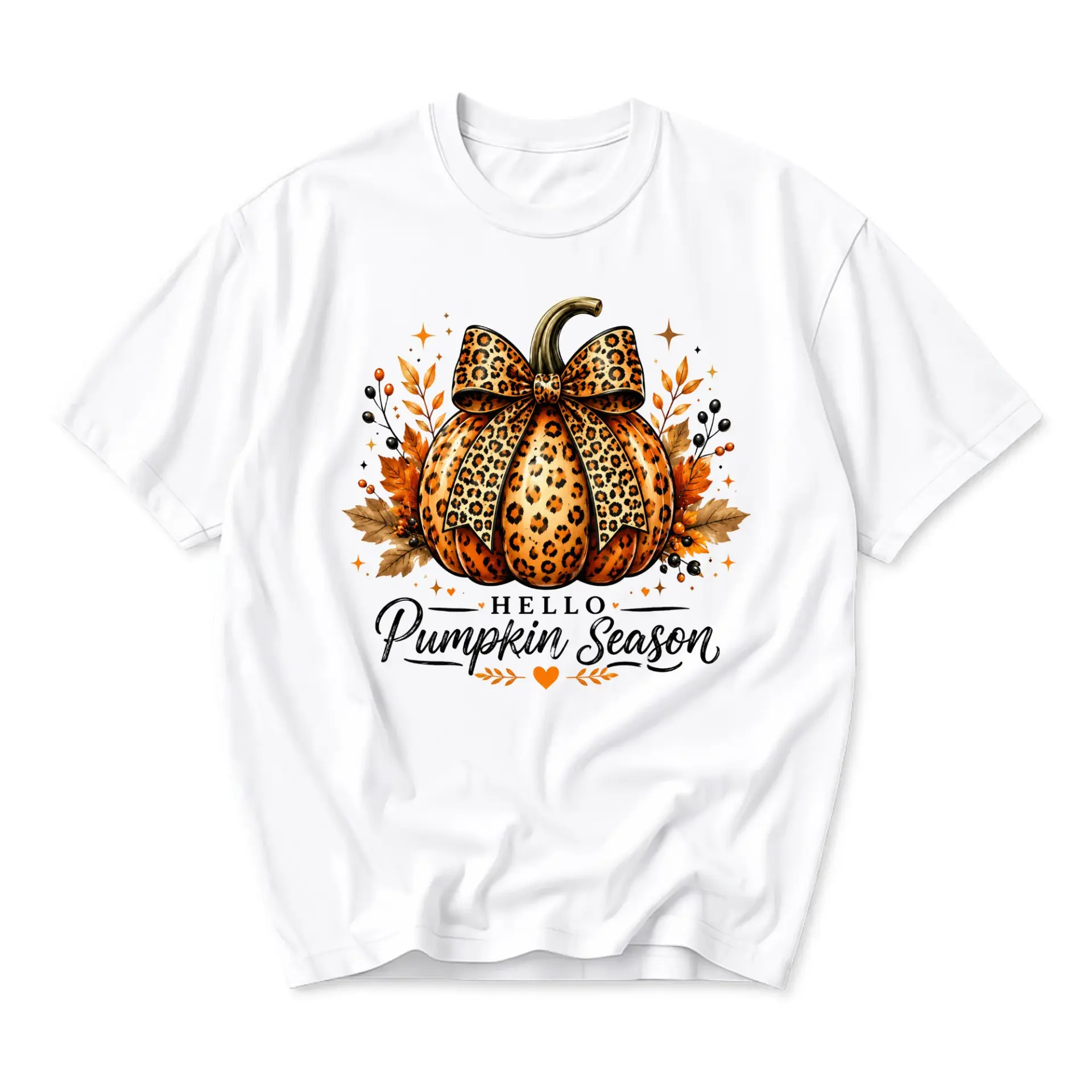 Graphic Tee Hello Pumpkin Season Leopard Print Bow Autumn Fall Unisex Crew Neck Short Sleeve Casual Cotton Shirt
