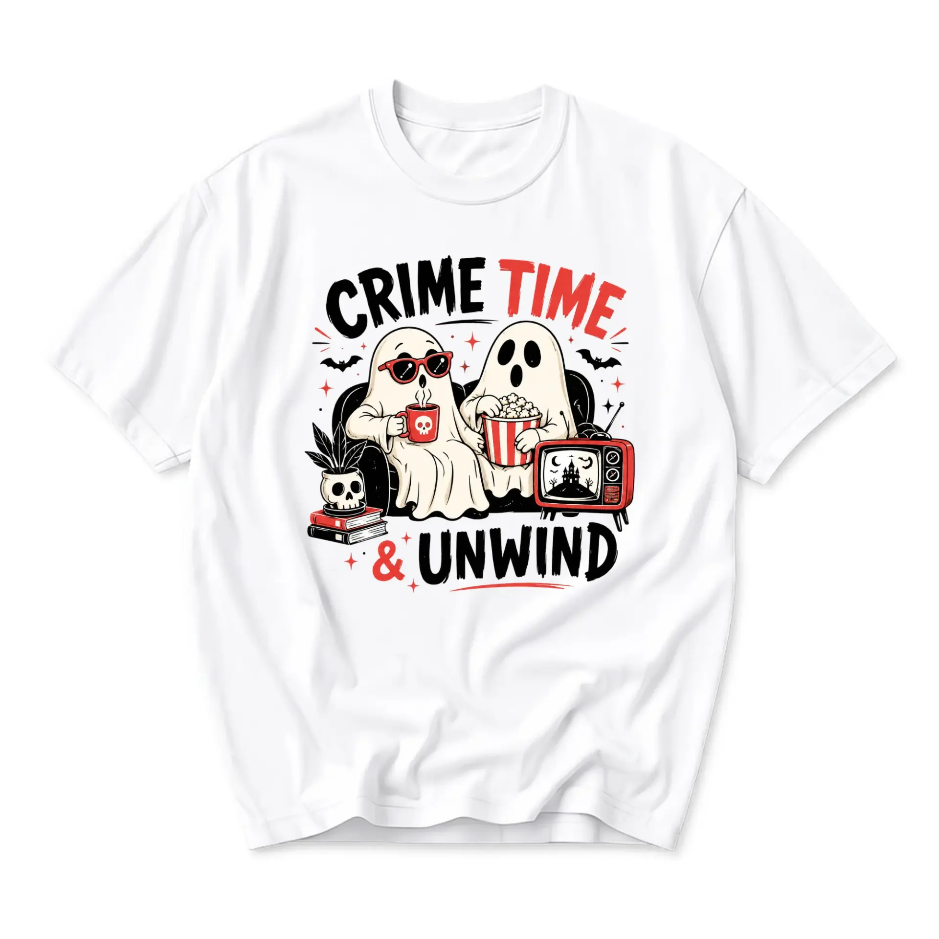 Graphic Tee Unisex Ghost Movie Night Shirt Crime Time and Unwind Casual Crew Neck Short Sleeve Cotton Apparel White