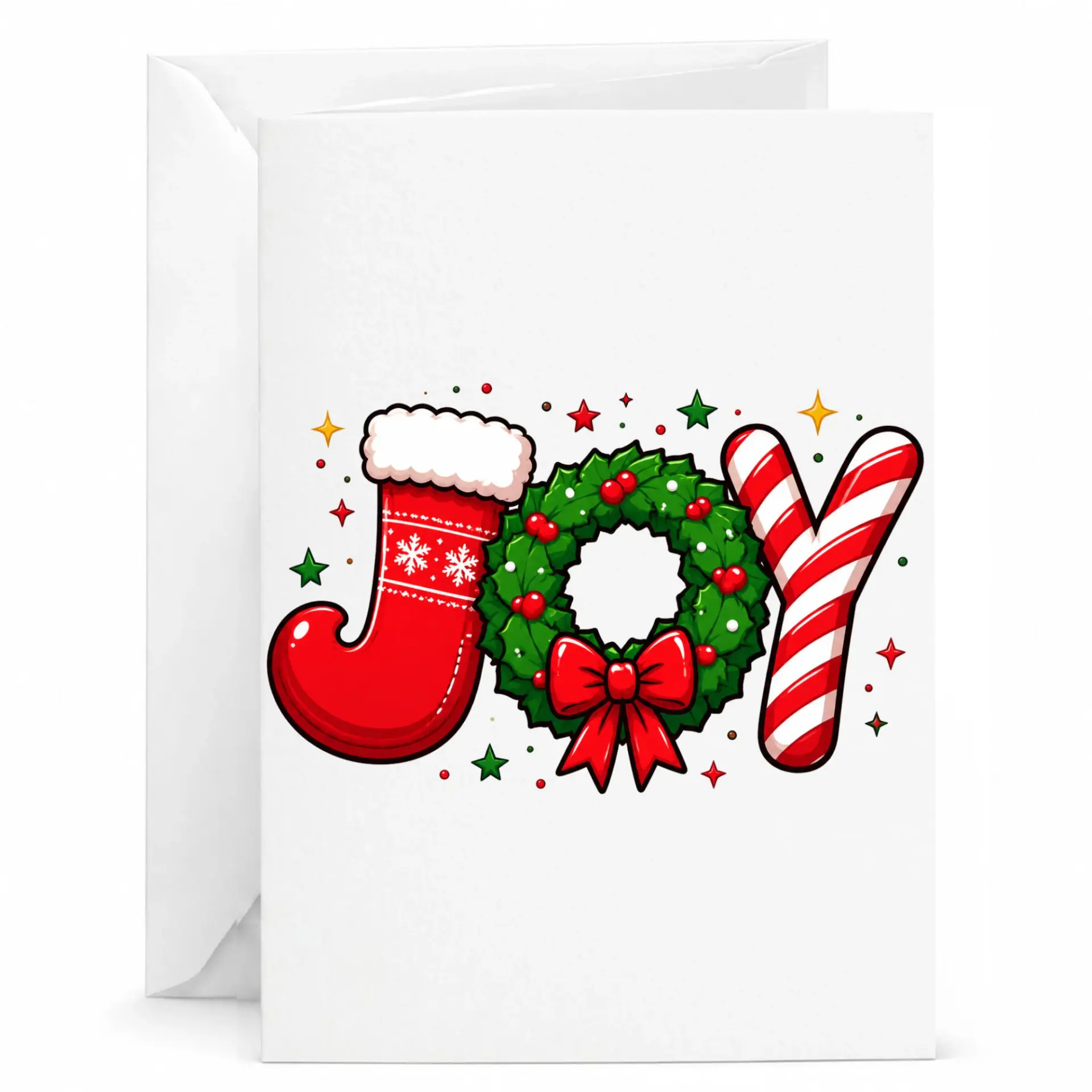 Greeting Card Joy Christmas Holiday Stationery with Festive Wreath Candy Cane and Stocking Design 5x7 Folded Card