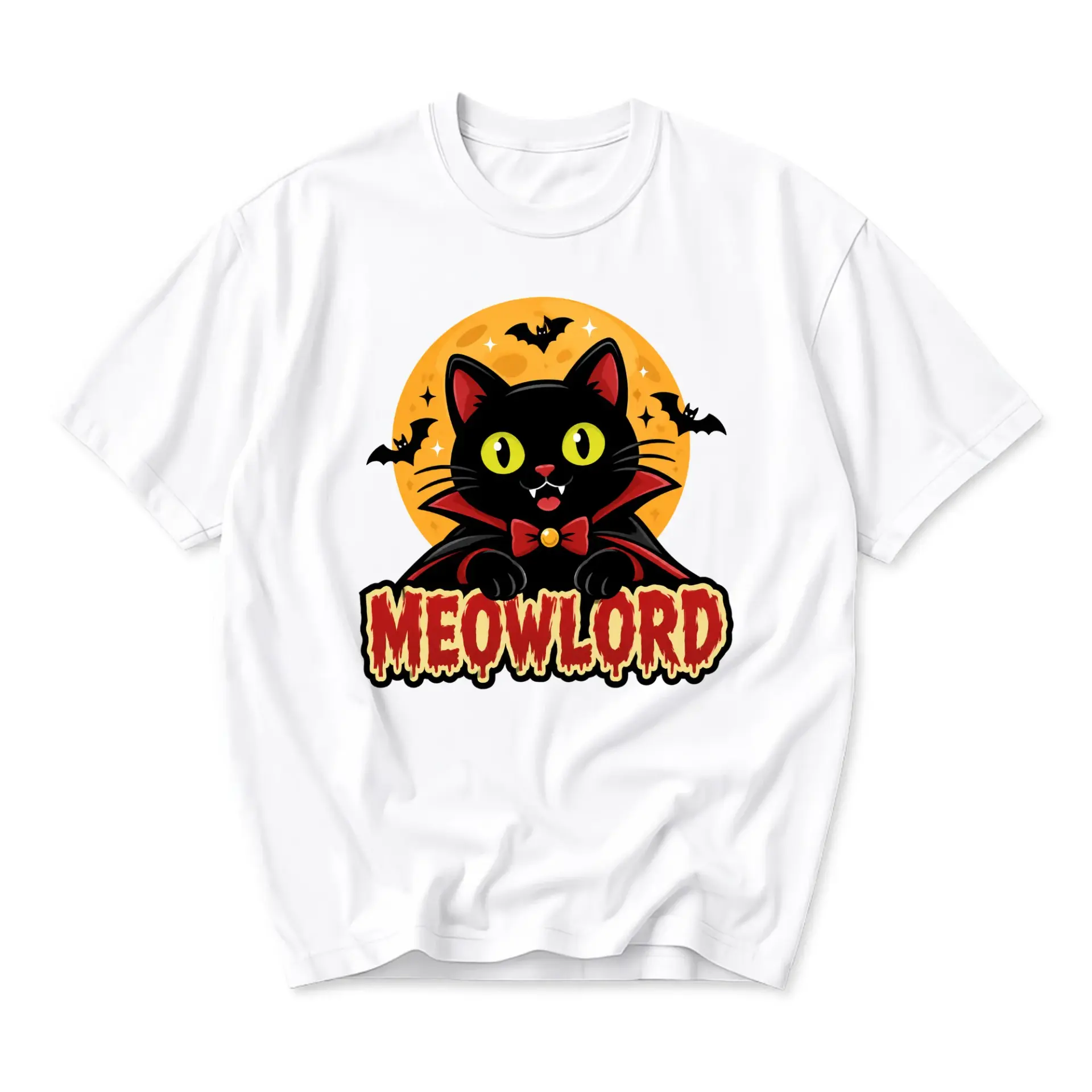 Graphic Tee Meowlord Vampire Cat Design Unisex Crew Neck Short Sleeve Shirt for Casual Everyday Wear and Humor Enthusiasts
