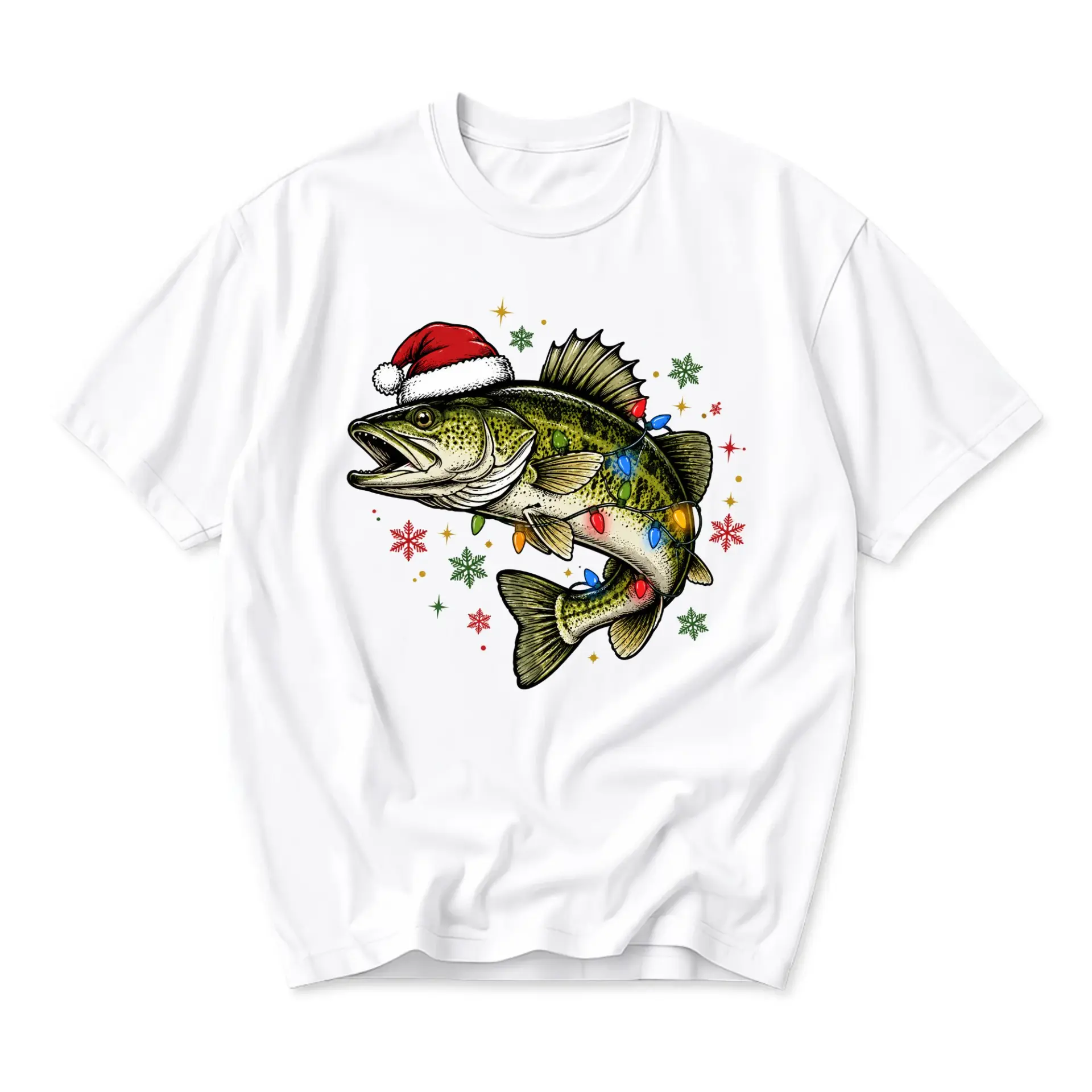 Graphic Tee Unisex Crew Neck T-Shirt Featuring a Fishing Holiday Theme with a Bass Fish Wearing a Santa Hat