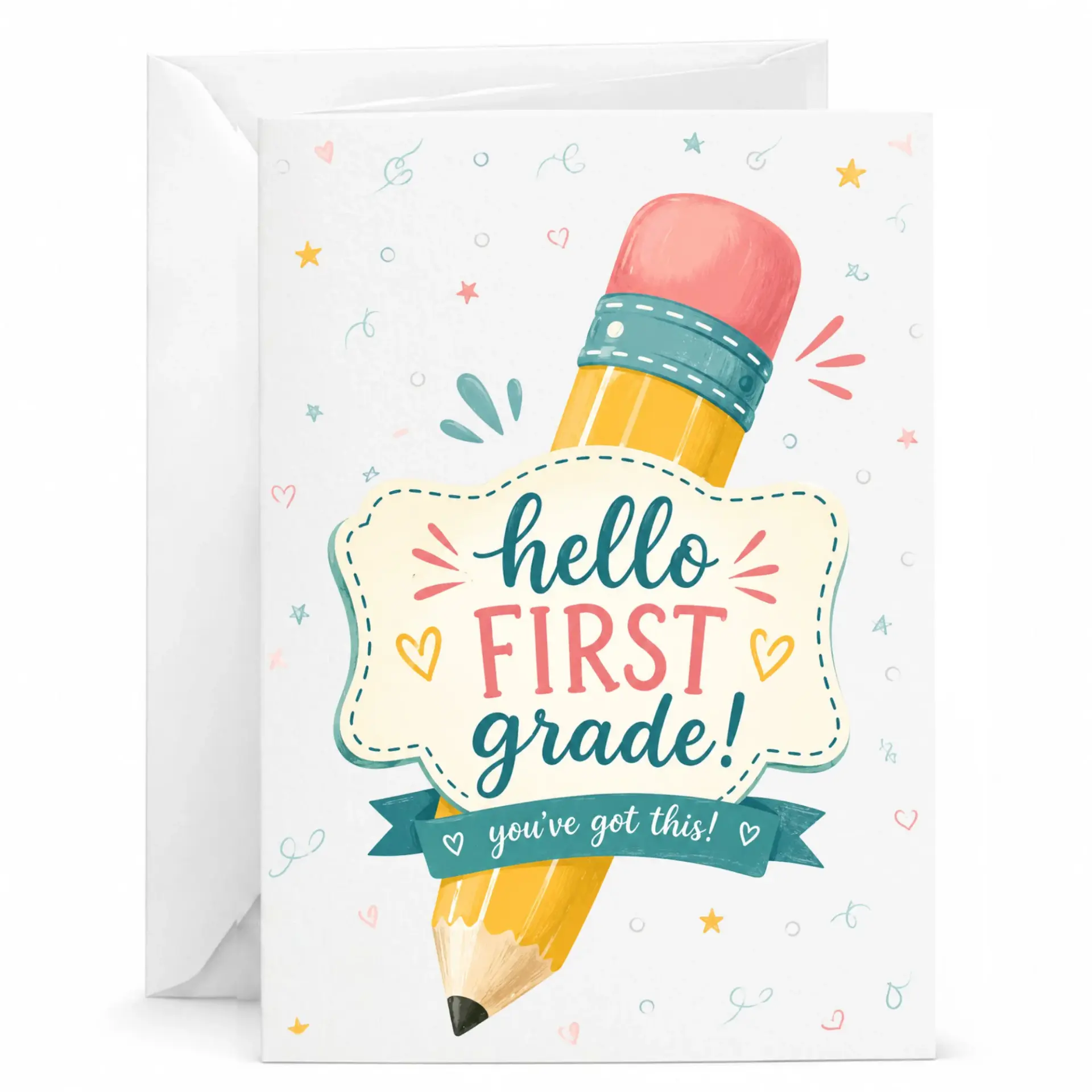 Greeting Card Hello First Motivational Pencil Illustration Encouragement Note for Accomplishment or