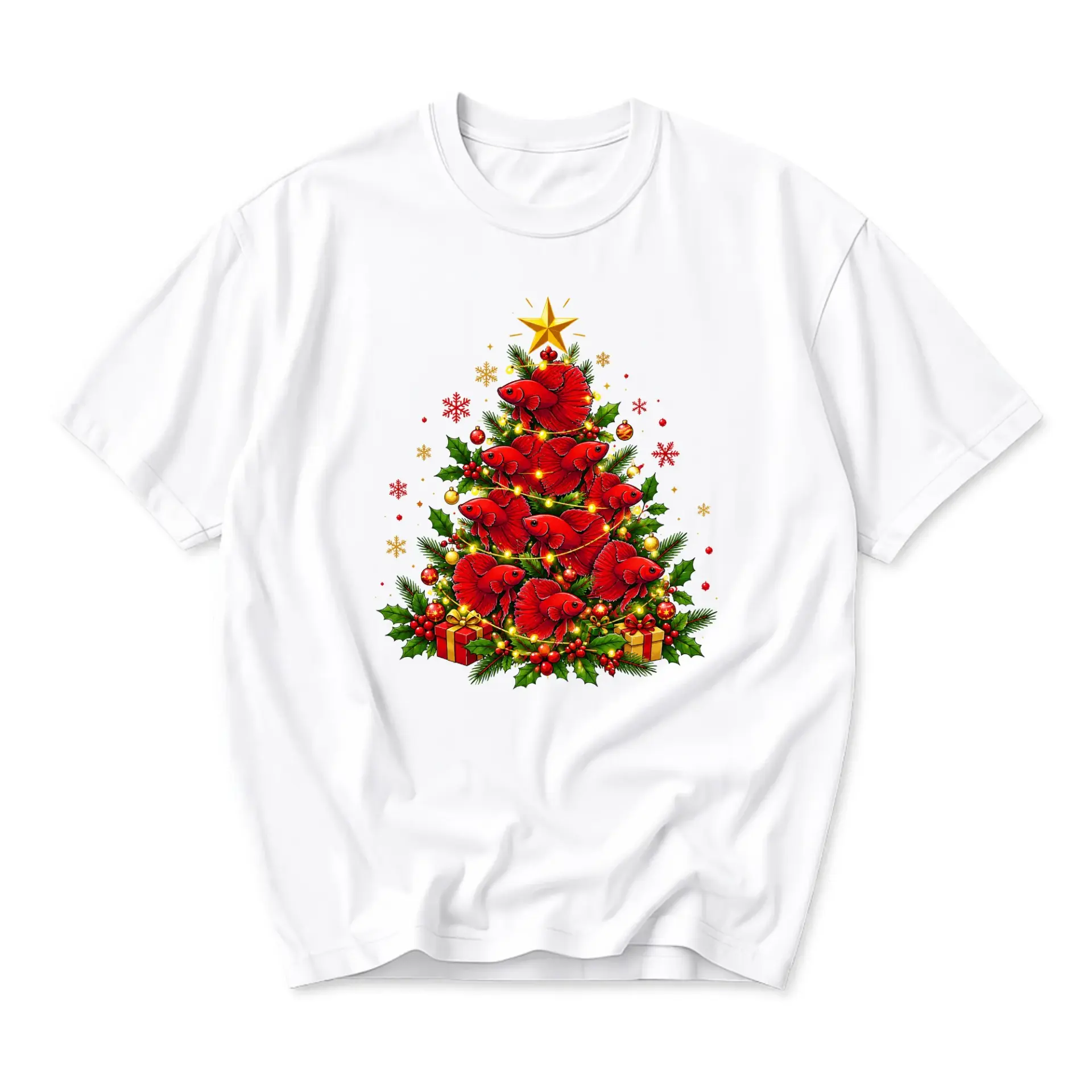 Graphic Tee Unisex Christmas Tree Betta Fish Holiday Illustration White