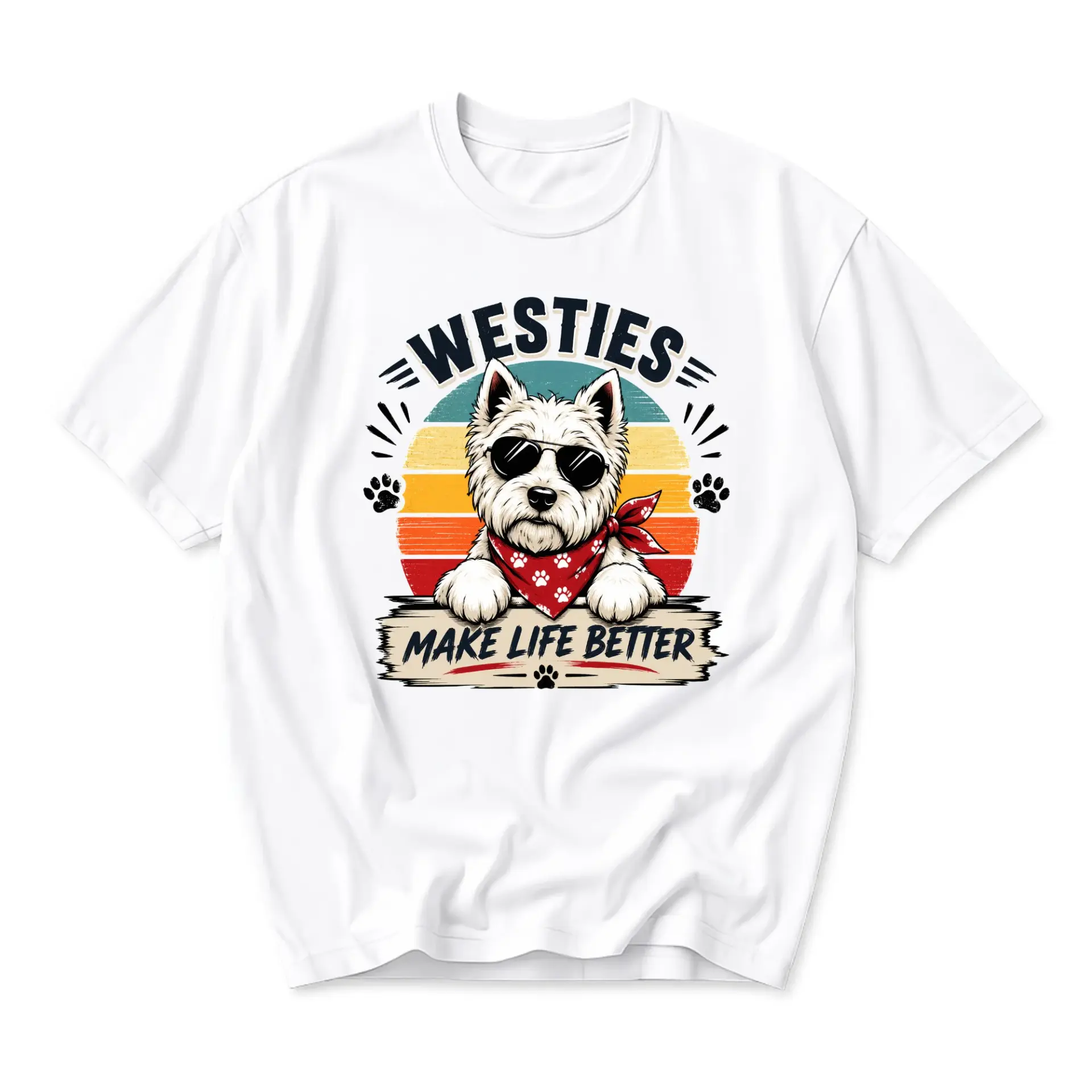 Graphic Tee Westies Make Life Better Shirt Vintage Sunset Retro Dog Lover Casual Unisex Crew Neck Cotton T-Shirt