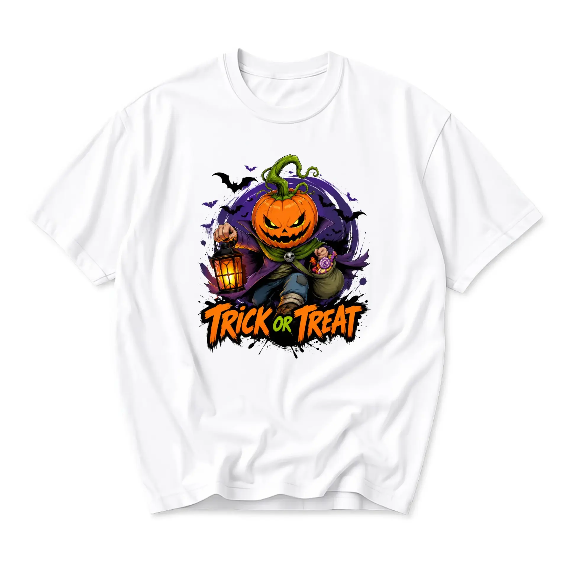 Graphic Tee Trick or Treat Pumpkin Character Unisex Shirt Halloween Holiday Apparel Casual Crew Neck Cotton Top