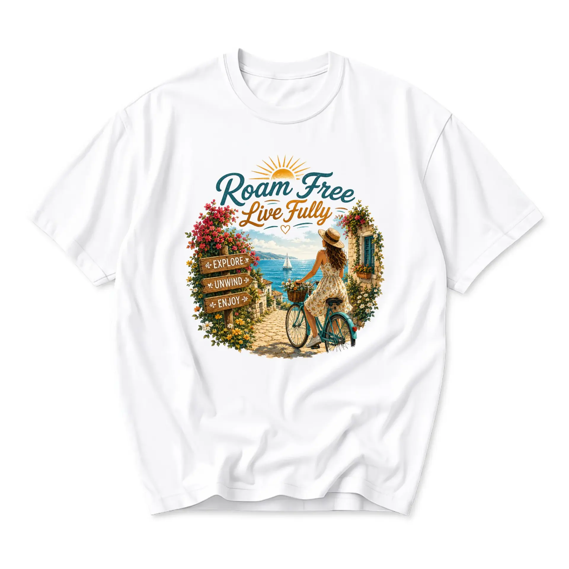 Graphic Tee Roam Free Live Fully Summer Vacation Travel Shirt Coastal Scenic Illustration Unisex Crew Neck Top