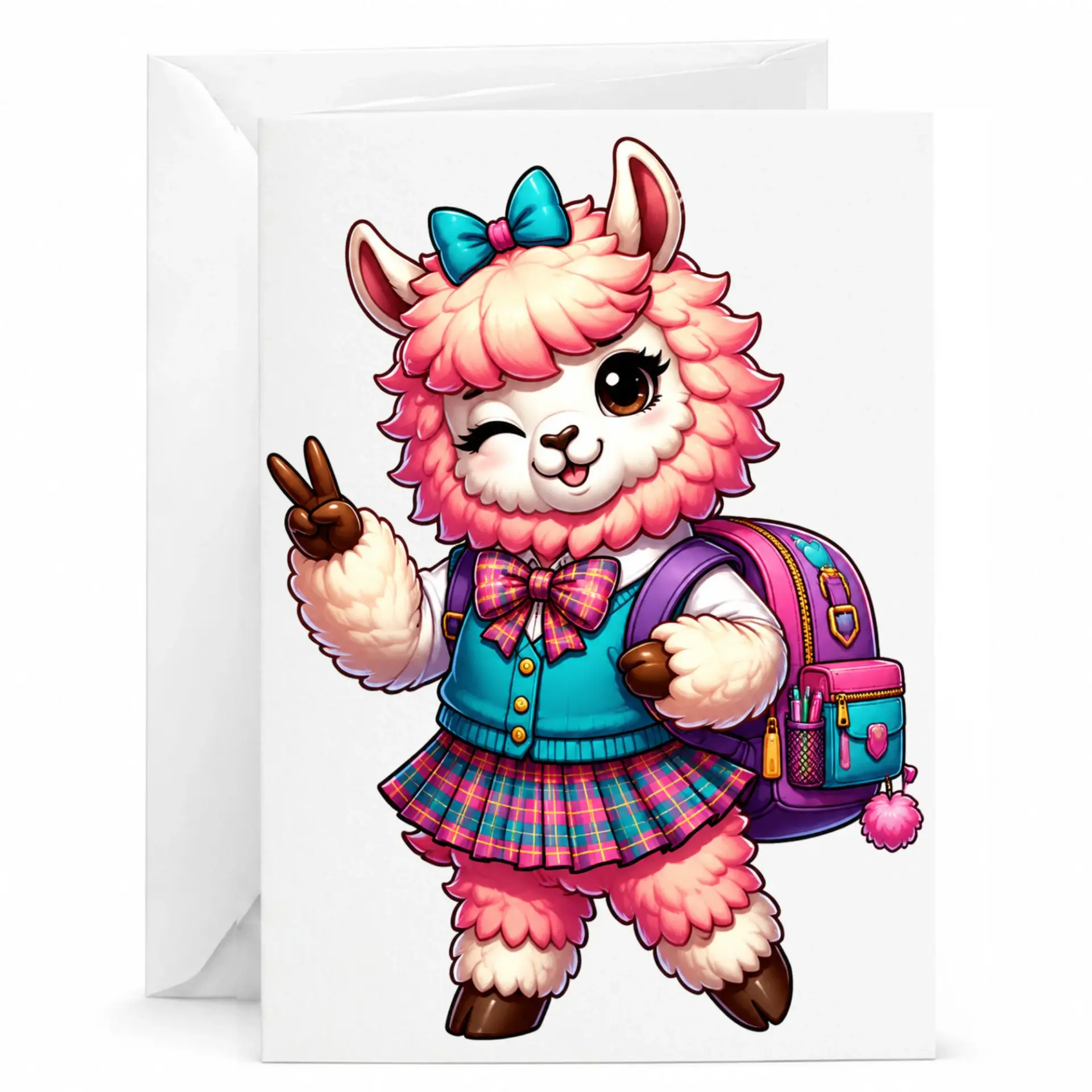 Greeting Card Featuring Cute Pink Llama Character Wearing Outfit and with Peace Sign Gesture