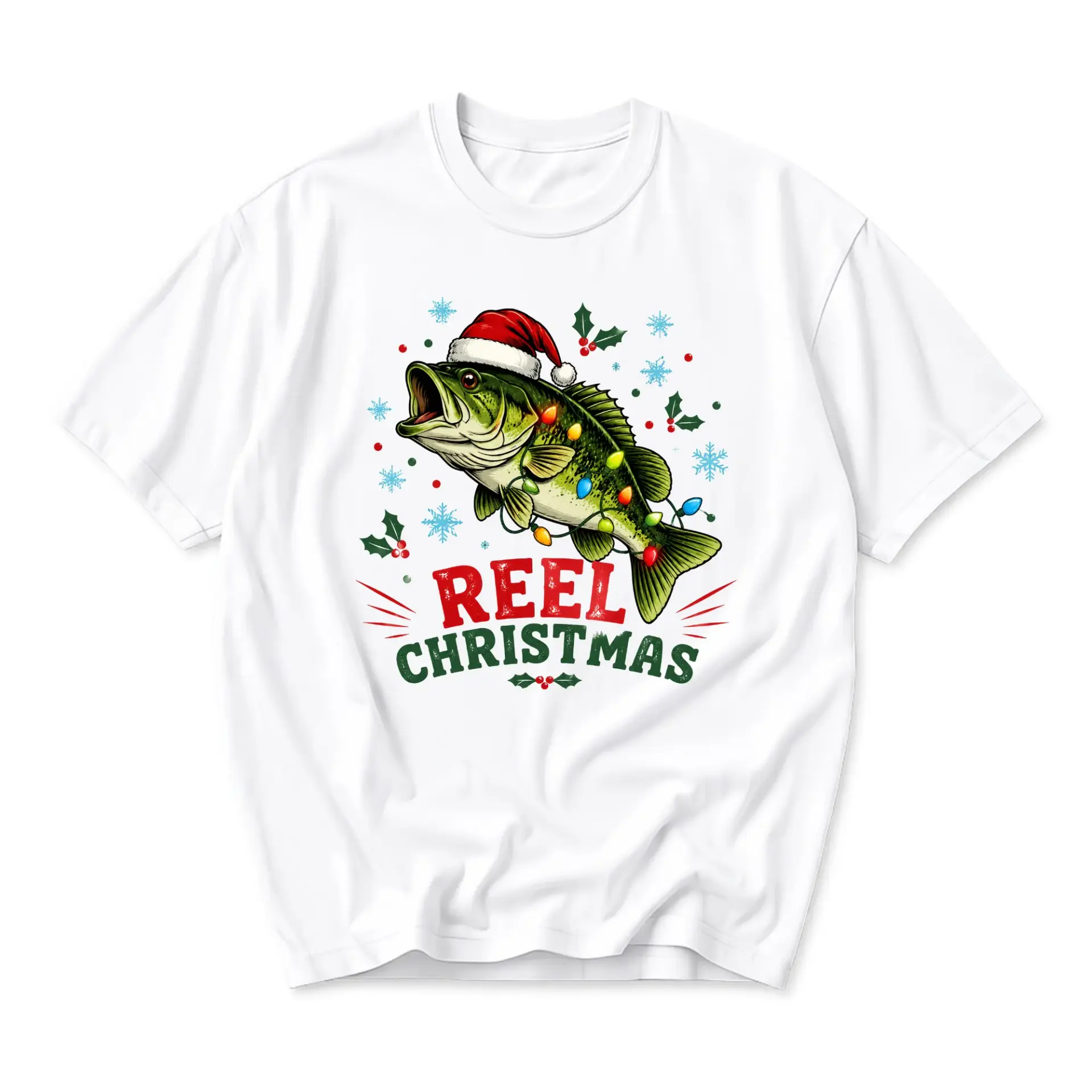 Funny Shirt Reel Christmas Fishing Graphic Tee Holiday Santa Hat Unisex