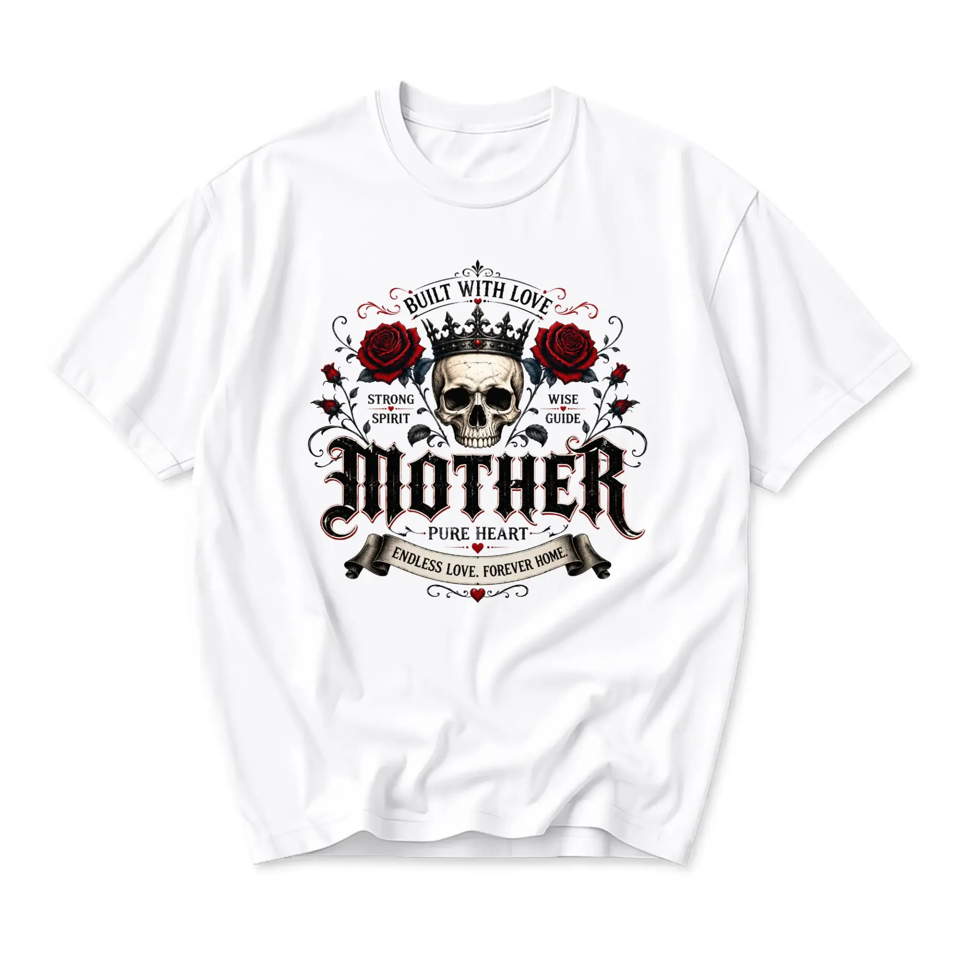Graphic Tee Unisex Crew Neck T-Shirt Featuring Detailed Skull Crown Rose Mother Floral Illustration Artistic Design