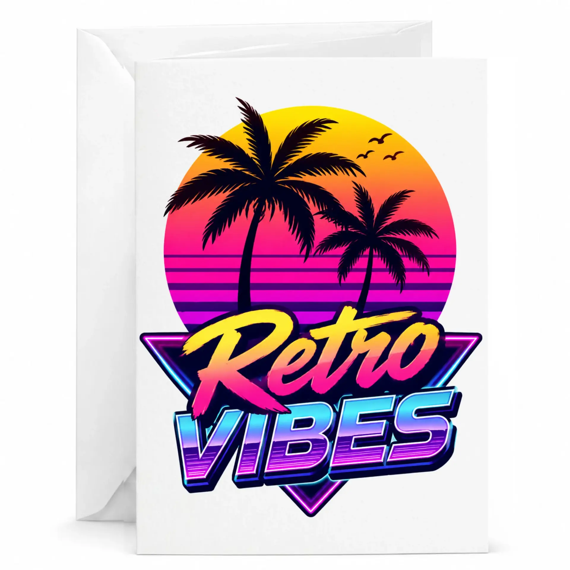Retro Vibes Greeting Card with Matching Envelope, 80s Style Palm Tree Sunset Illustration for Any Occasion