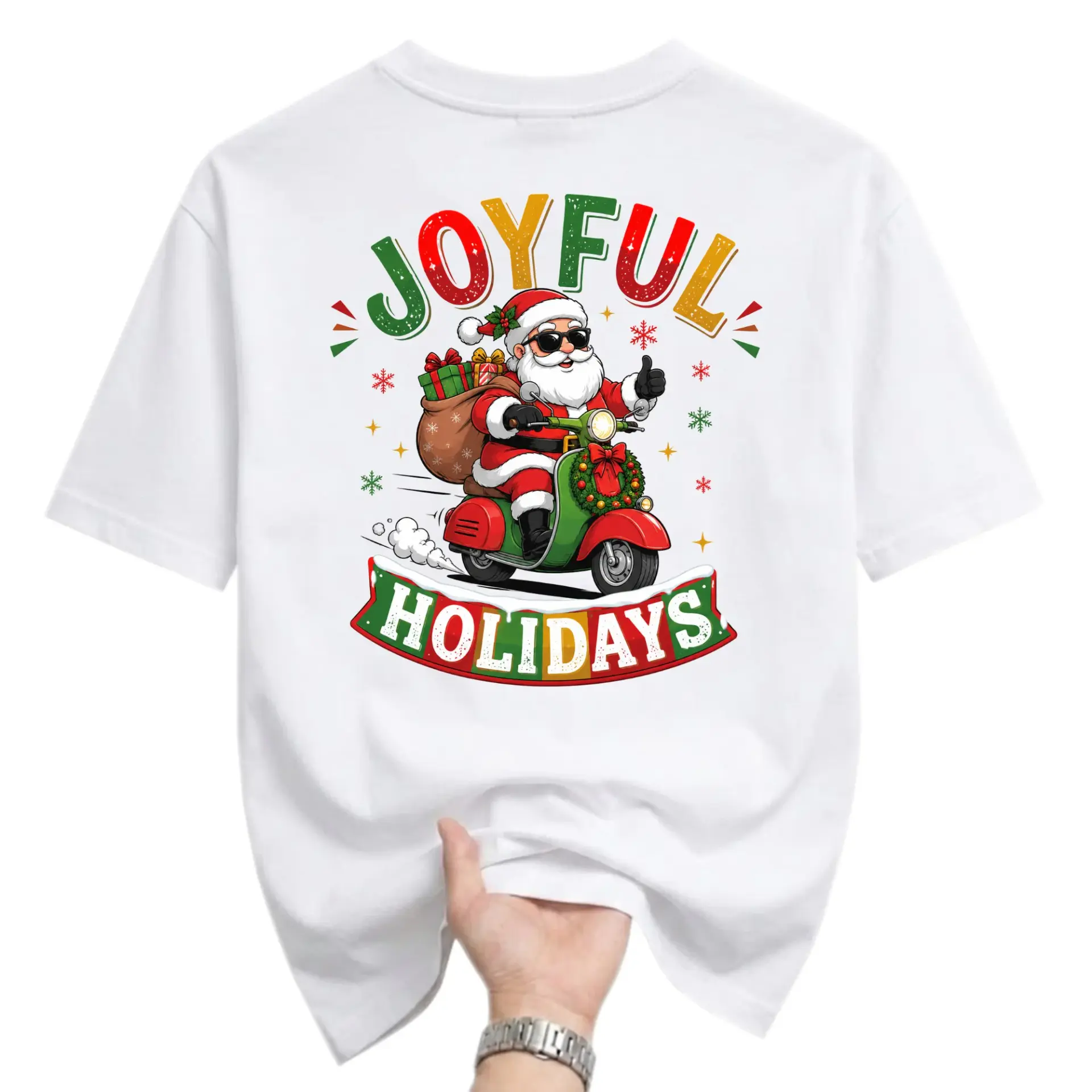 Graphic Tee Unisex Christmas Santa Claus Riding a Scooter with Presents
