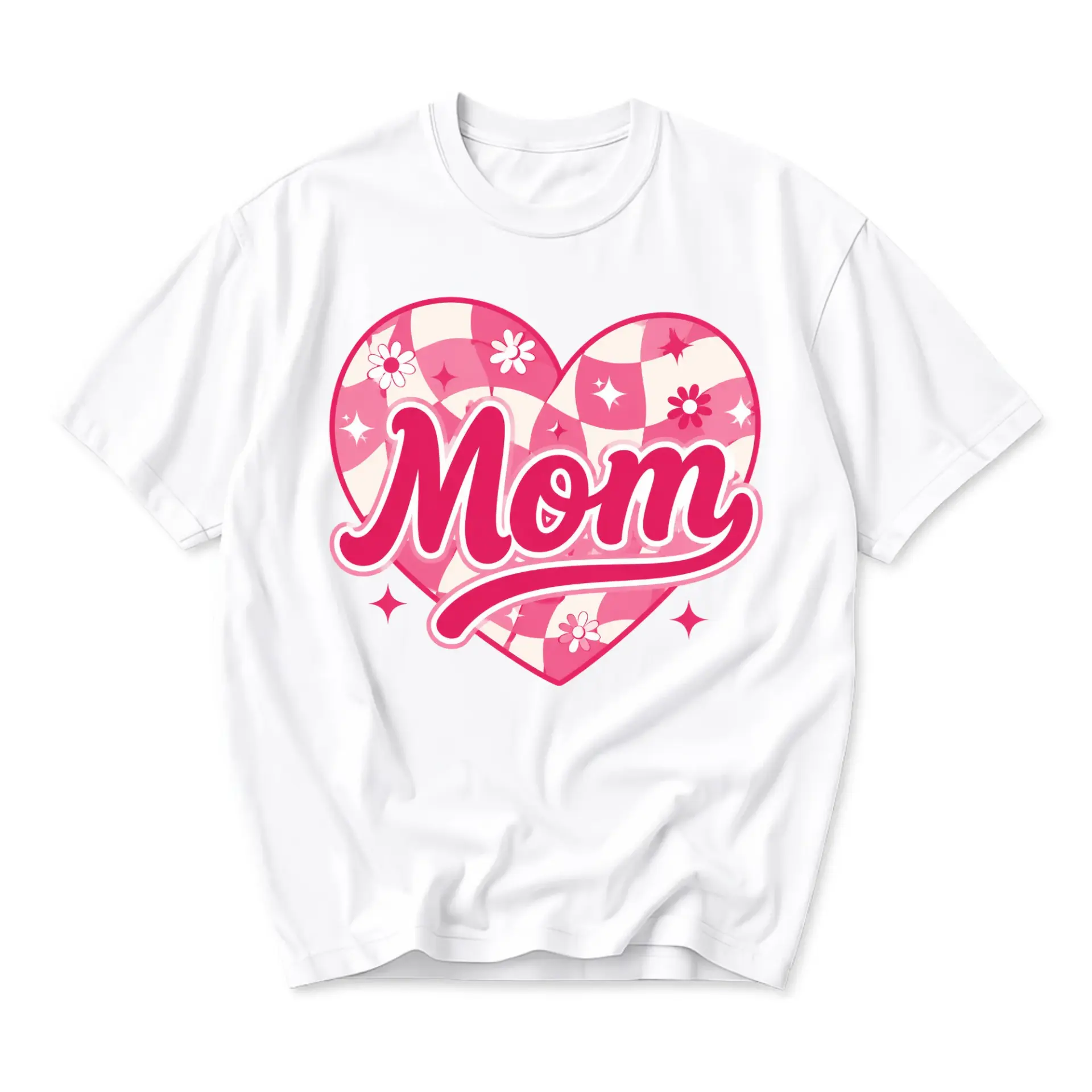 Graphic Tee Mom Heart Shirt Retro Checkerboard Print Unisex Casual Everyday Wear Classic Crew Neck Short Sleeve Top
