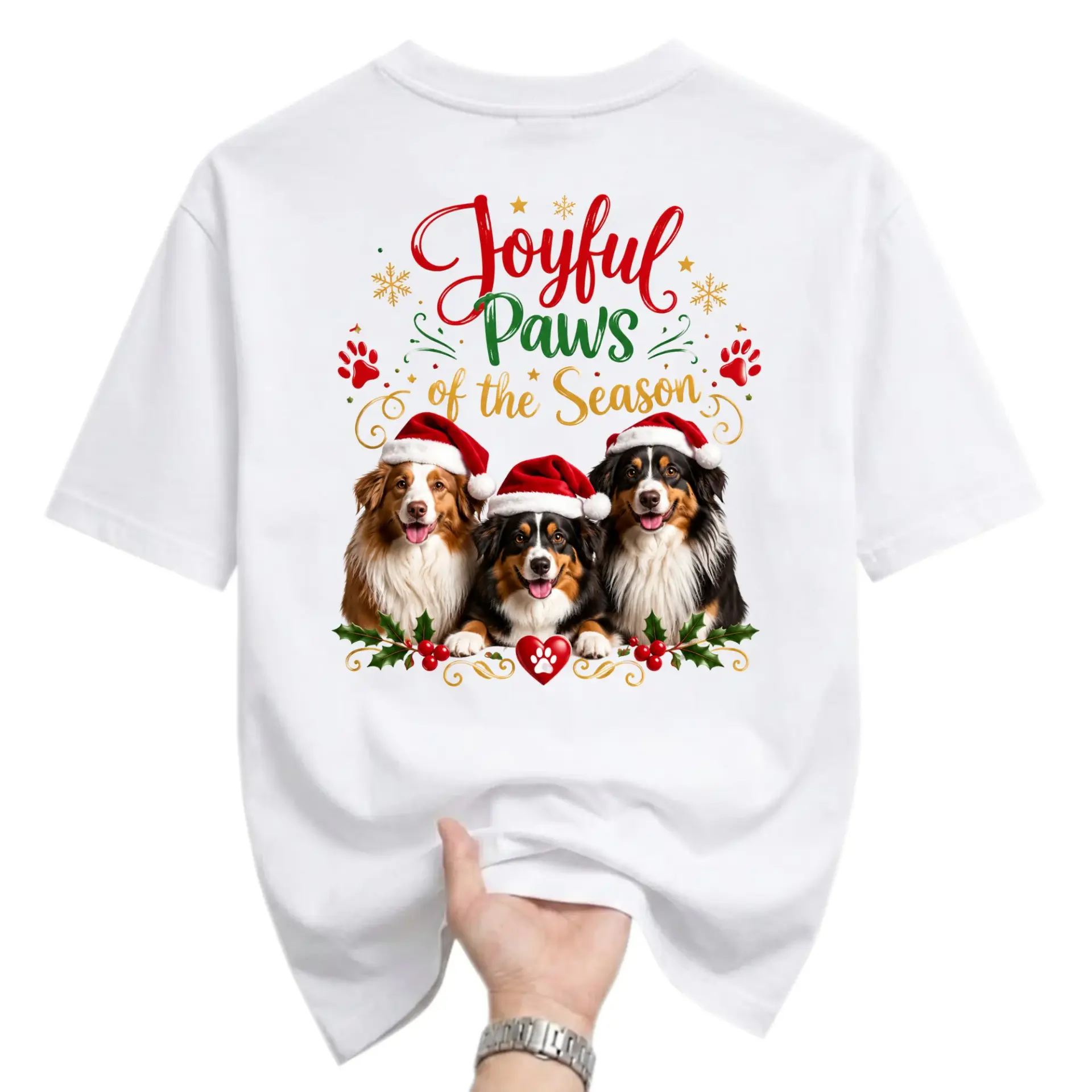 Graphic Tee Joyful Paws of the Season Australian Shepherd Christmas Holiday Unisex Crew Neck Cotton T-Shirt White