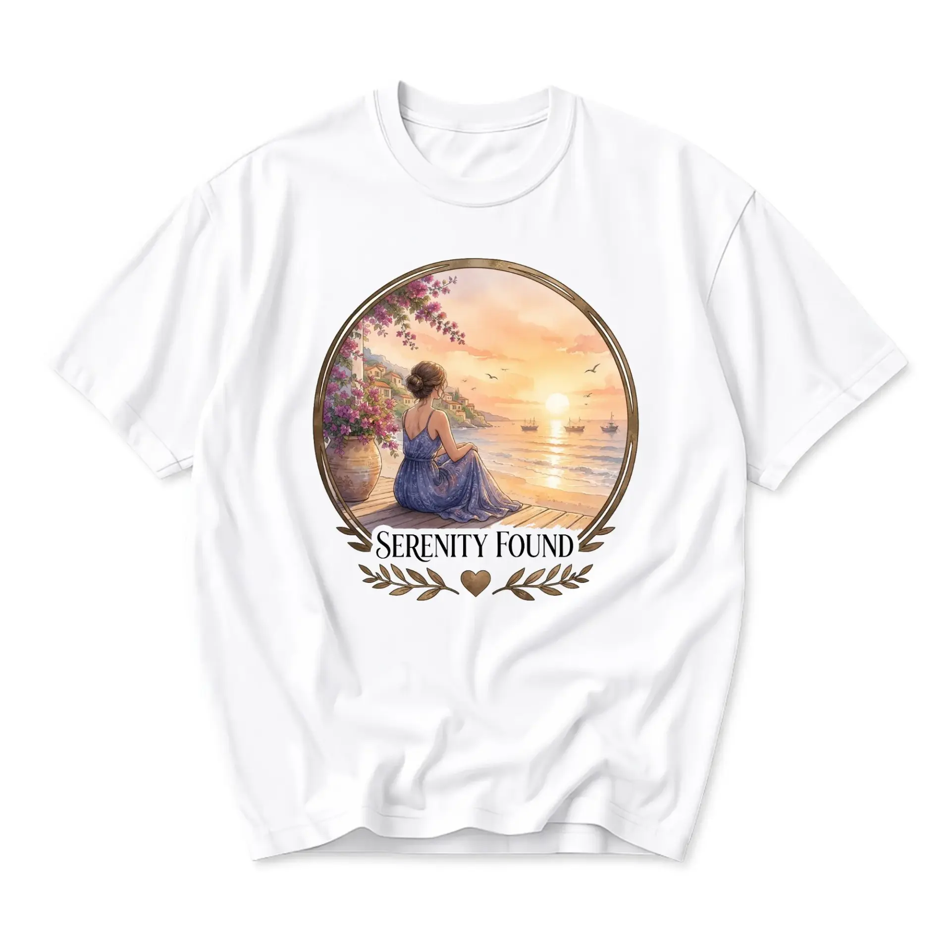 Graphic Tee Serenity Found Coastal Sunset Art Unisex Cotton Crew Neck Short Sleeve Shirt for Casual Daily Wear