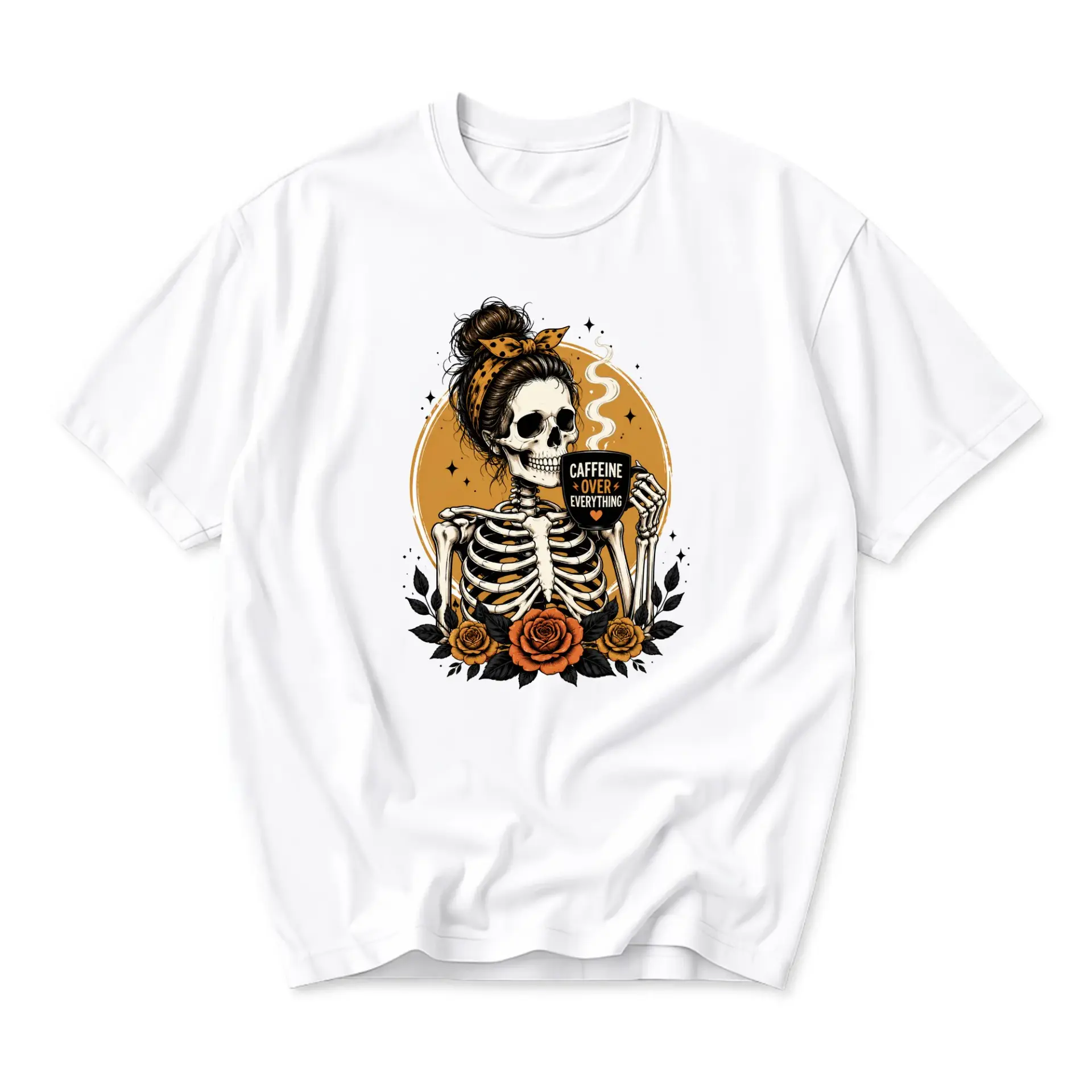 Funny Shirt Caffeine over Everything Skeleton Graphic Tee Unisex Crew Neck Casual Everyday Wear Soft Cotton Top