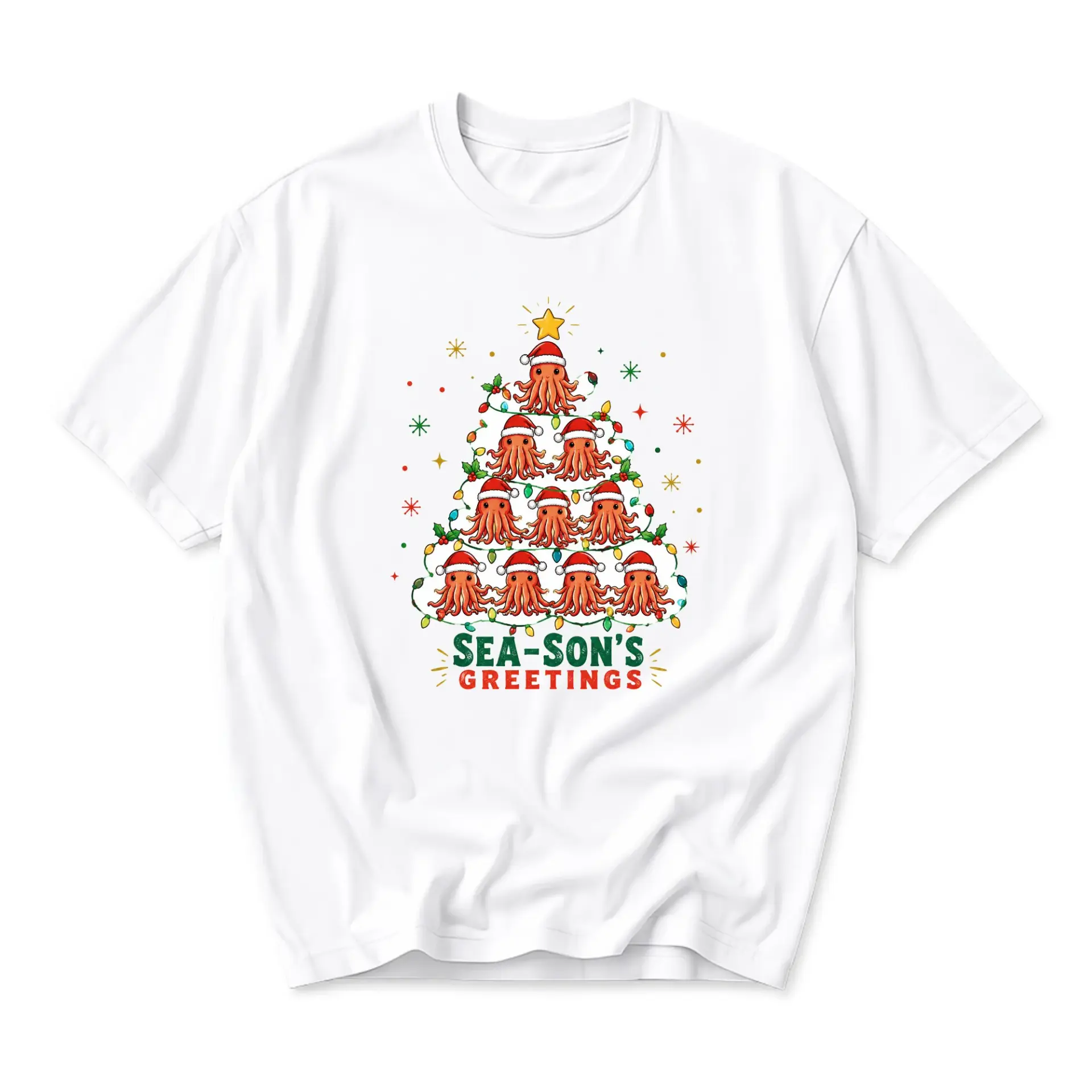 Funny Shirt Sea-Son's Greetings Octopus Christmas Tree Graphic Tee Unisex Casual Apparel for Holiday Enthusiasts