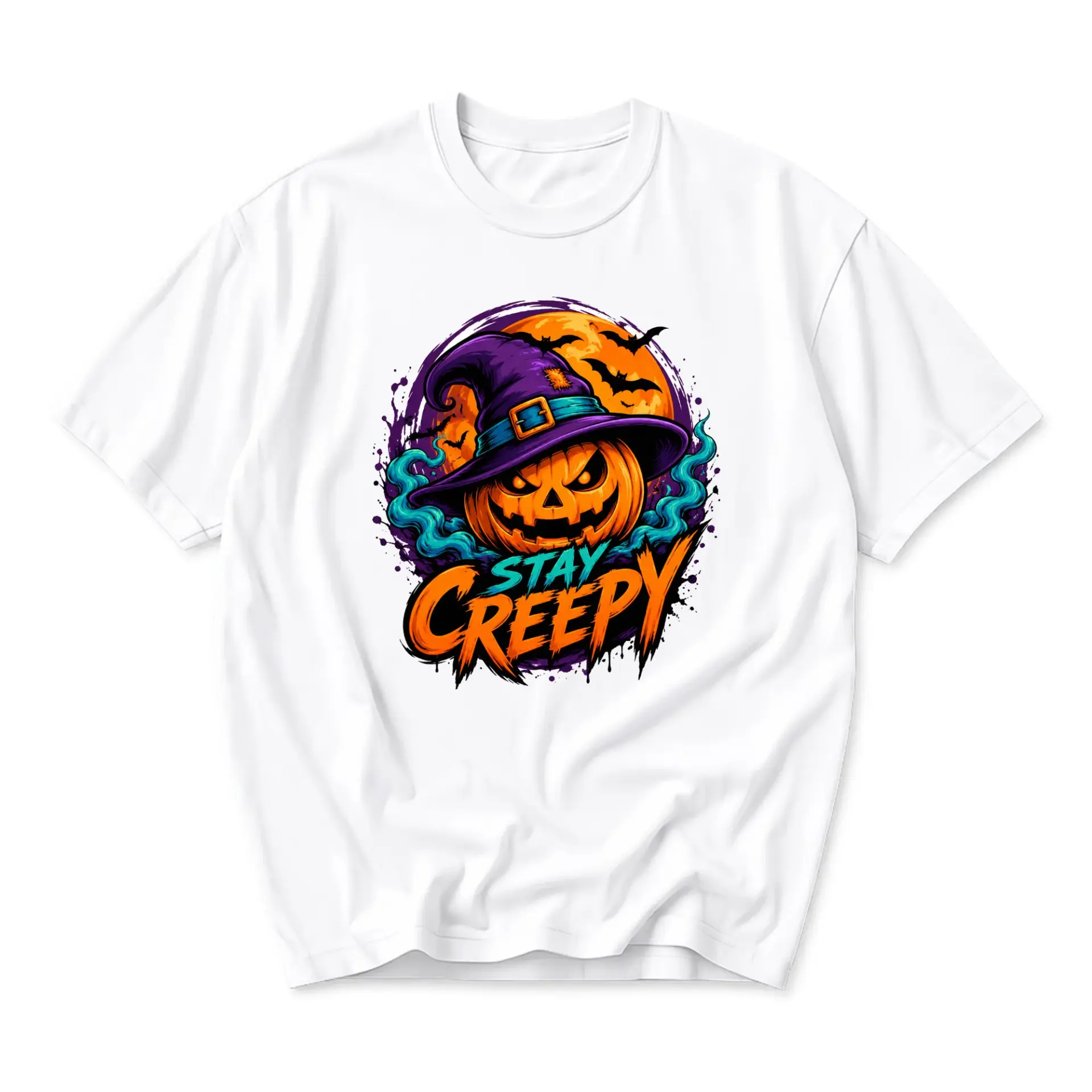 Graphic Tee Stay Creepy Pumpkin Witch Hat Halloween Illustration Unisex Cotton Crew Neck Short Sleeve Casual Shirt