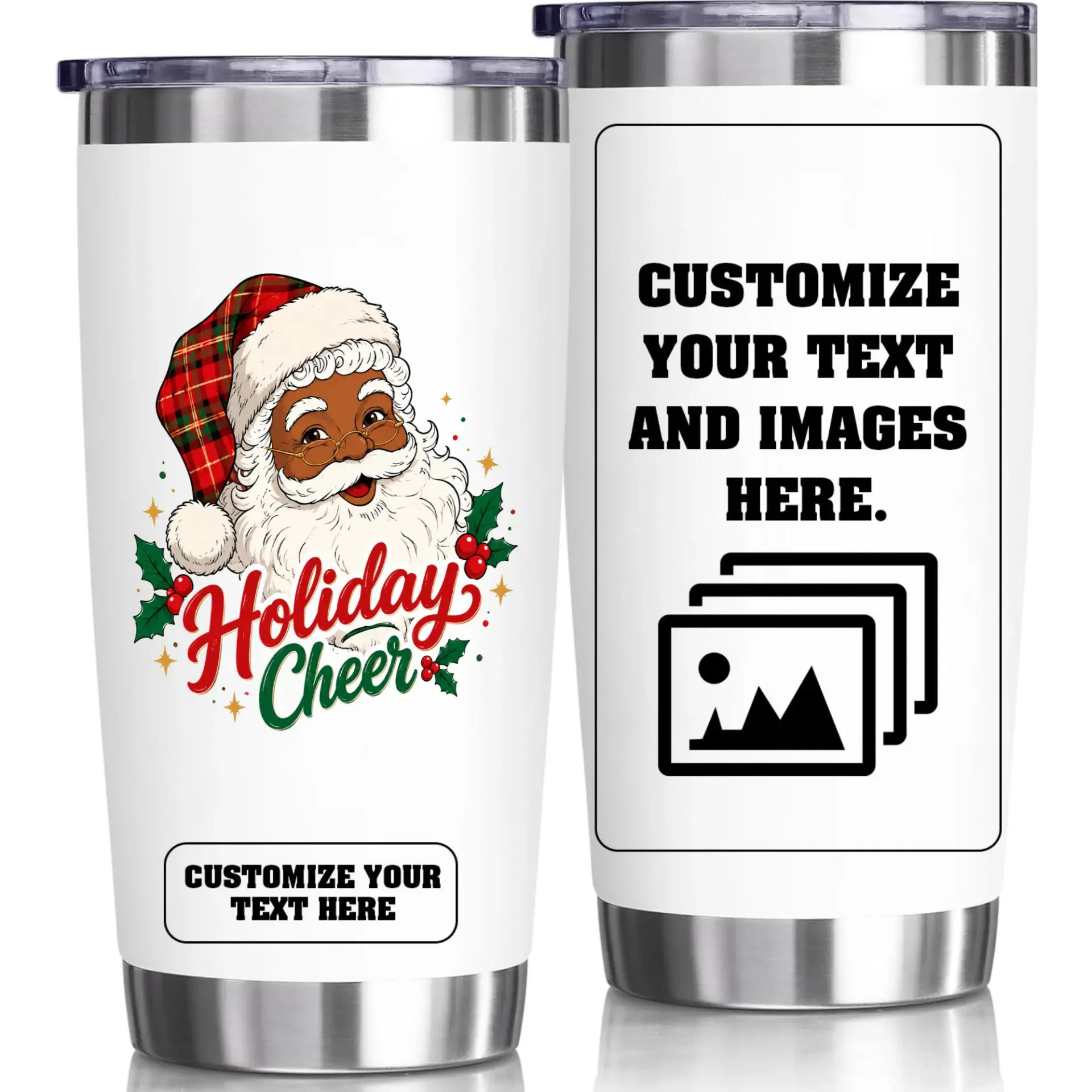 Stainless Steel Tumbler 20oz Holiday Cheer Santa Travel Mug Double Wall Insulated Cup for Hot and Cold Beverages Custom