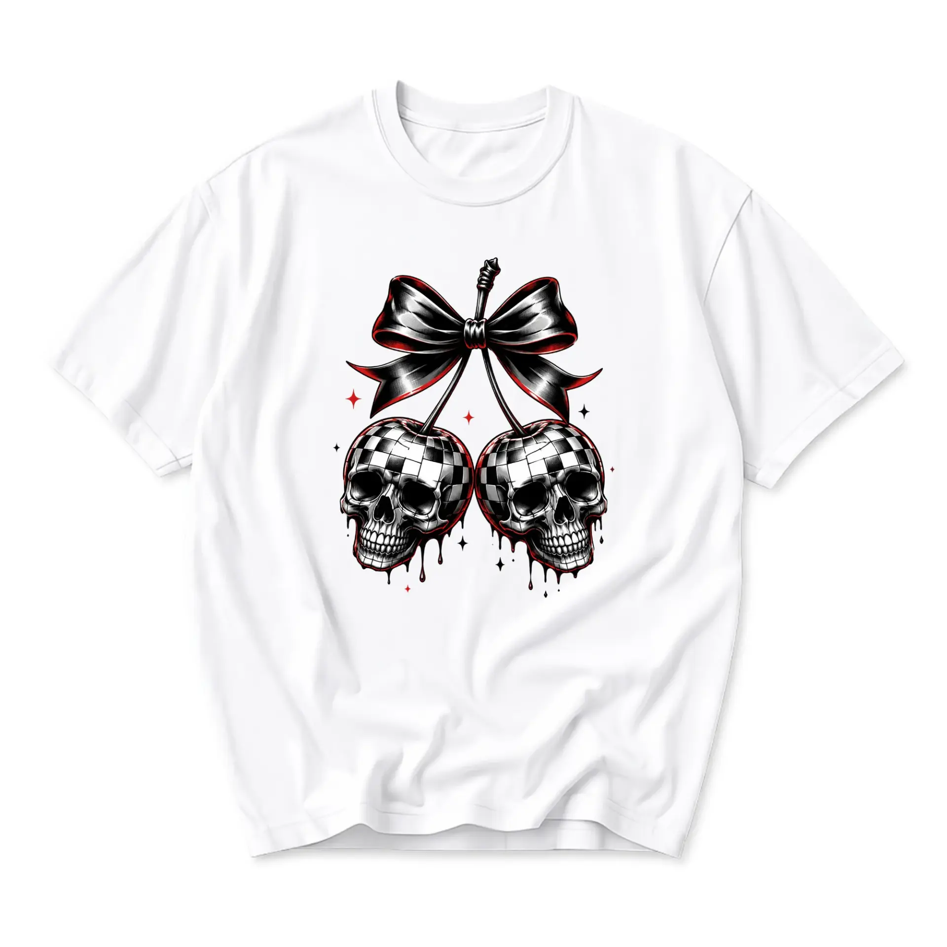 Graphic Tee Unisex Crew Neck T-Shirt Featuring Checkerboard Skull Cherries with Black Bow Design Aesthetic Apparel