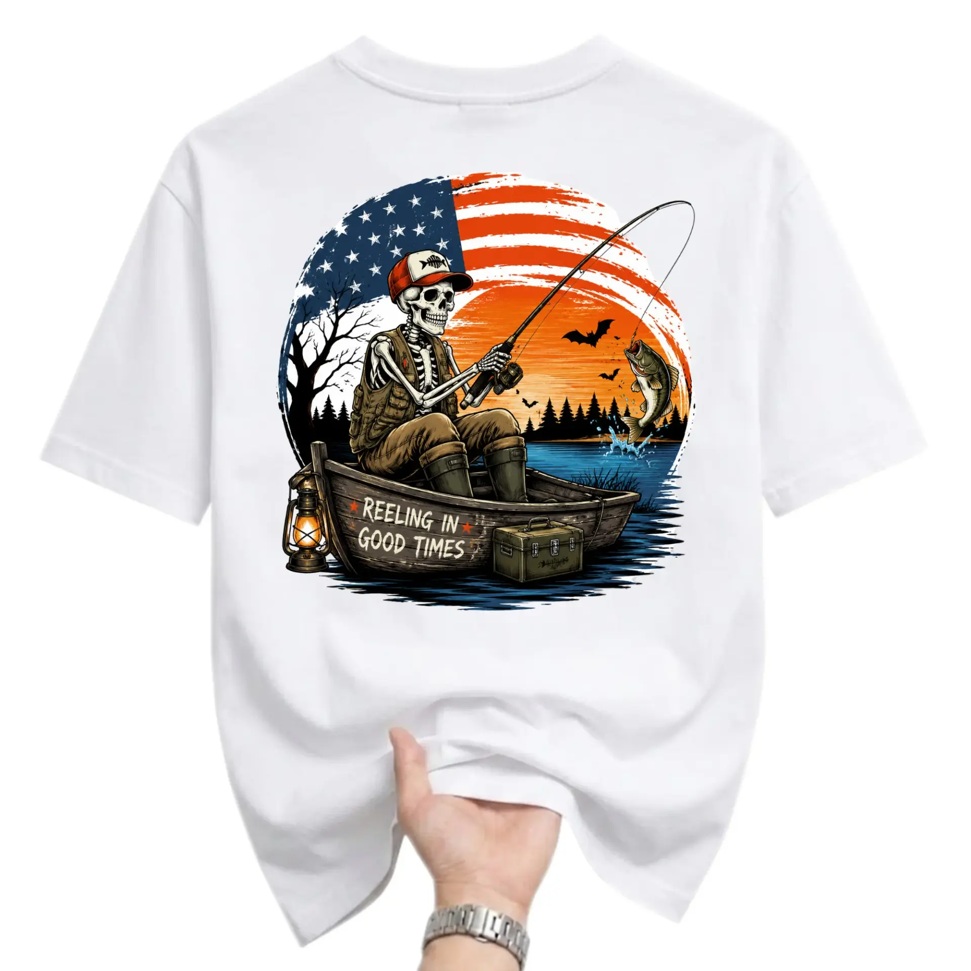 Graphic Tee Skeleton Fishing Patriotic Sunset Print Unisex Crew Neck Shirt for Outdoor Enthusiasts and Casual Wear