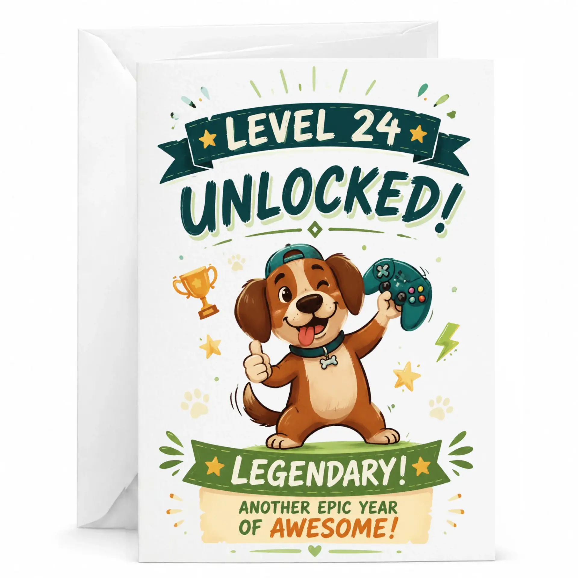 Birthday Card Level 24 Unlocked Funny Gaming Dog Greeting Card with Envelope for Gamer Birthday Celebration 5x7 Inches