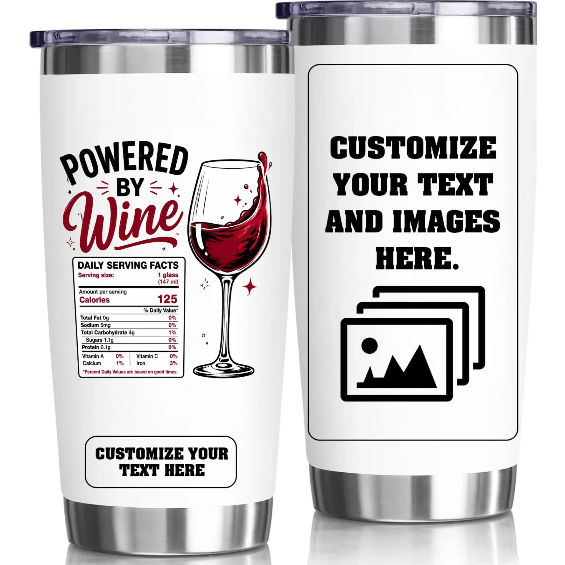 Stainless Steel Tumbler 20oz Insulated Cup for Wine Lovers with Daily Serving Facts Design and Custom Text Option
