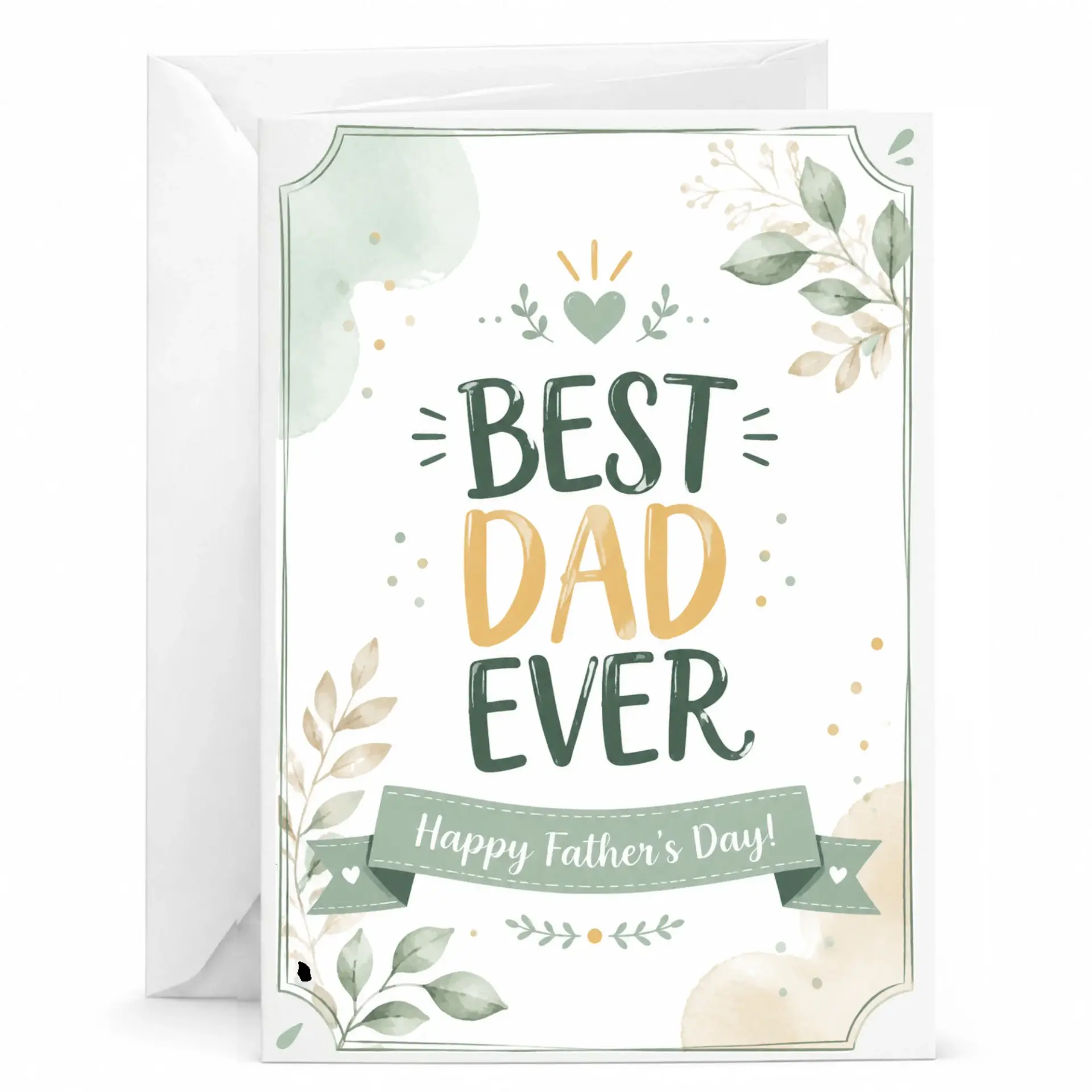 Best Dad Ever Greeting Card with Envelope, Botanical Father's Day Card, Neutral Green and Gold Leaf Design
