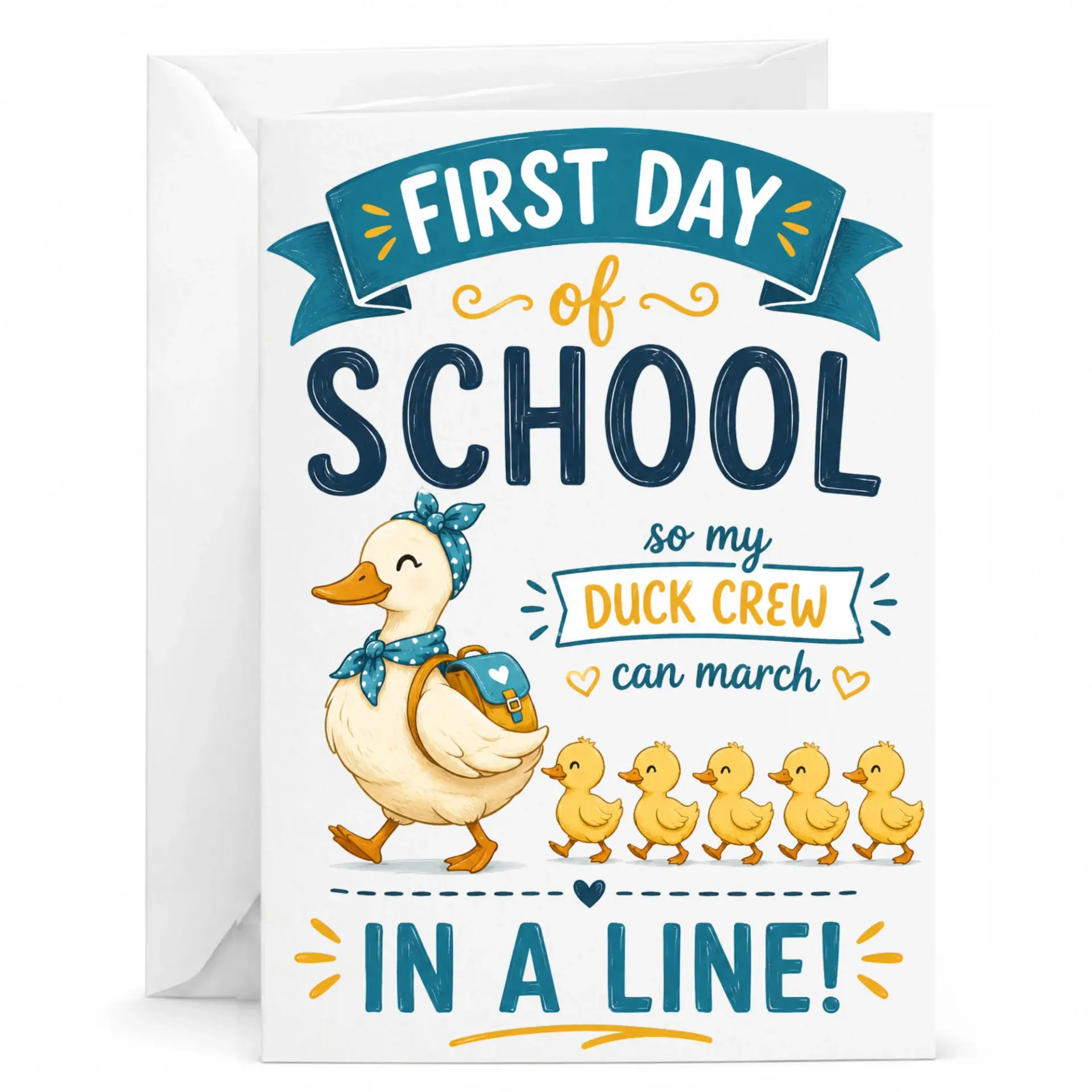 Greeting Card First Day of School Cute Duck Crew Illustration Decorative Stationary for New Academic Year
