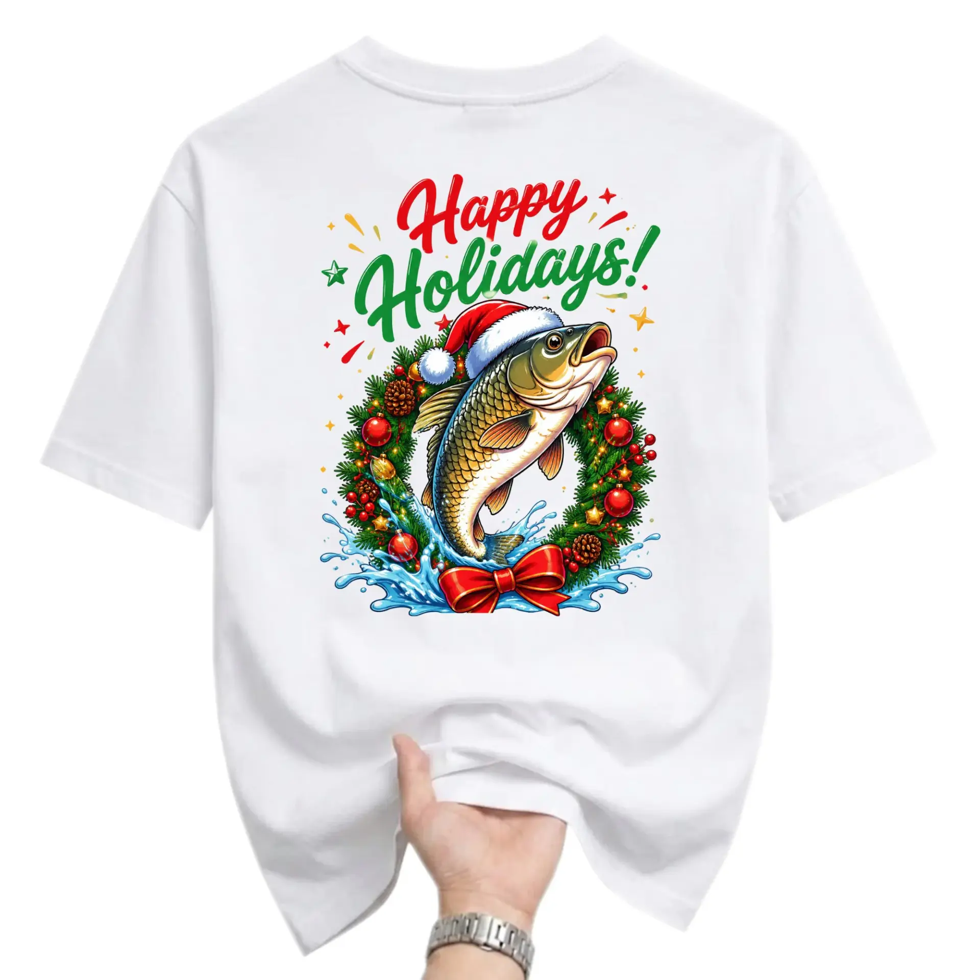 Funny Shirt Happy Holidays Fish Christmas Graphic Tee Seasonal Casual Crew Neck Unisex Cotton Blend T-Shirt