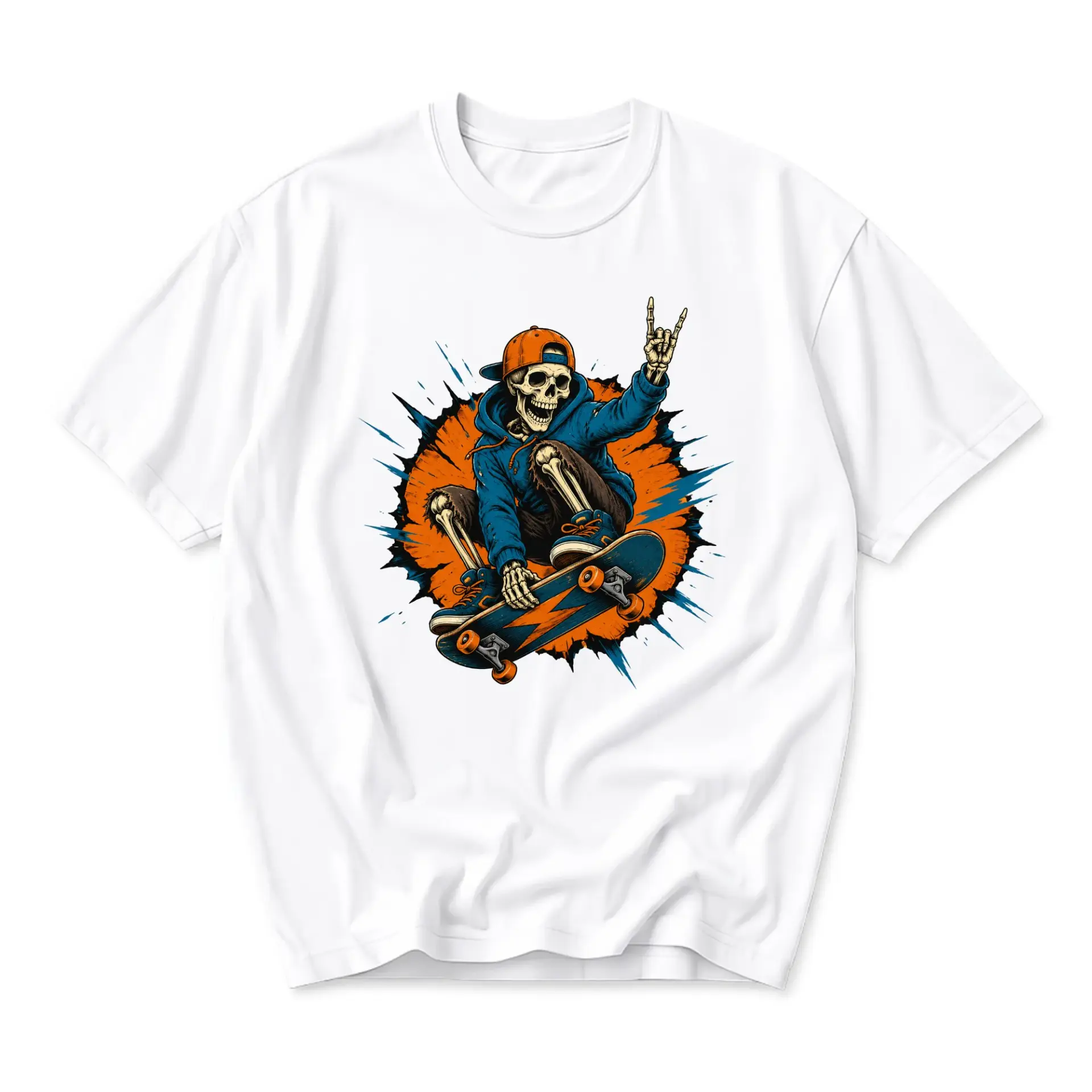 Graphic Tee Unisex Crew Neck T-Shirt Featuring a Skeleton Skater Doing a Trick with Vibrant Artistic Illustration