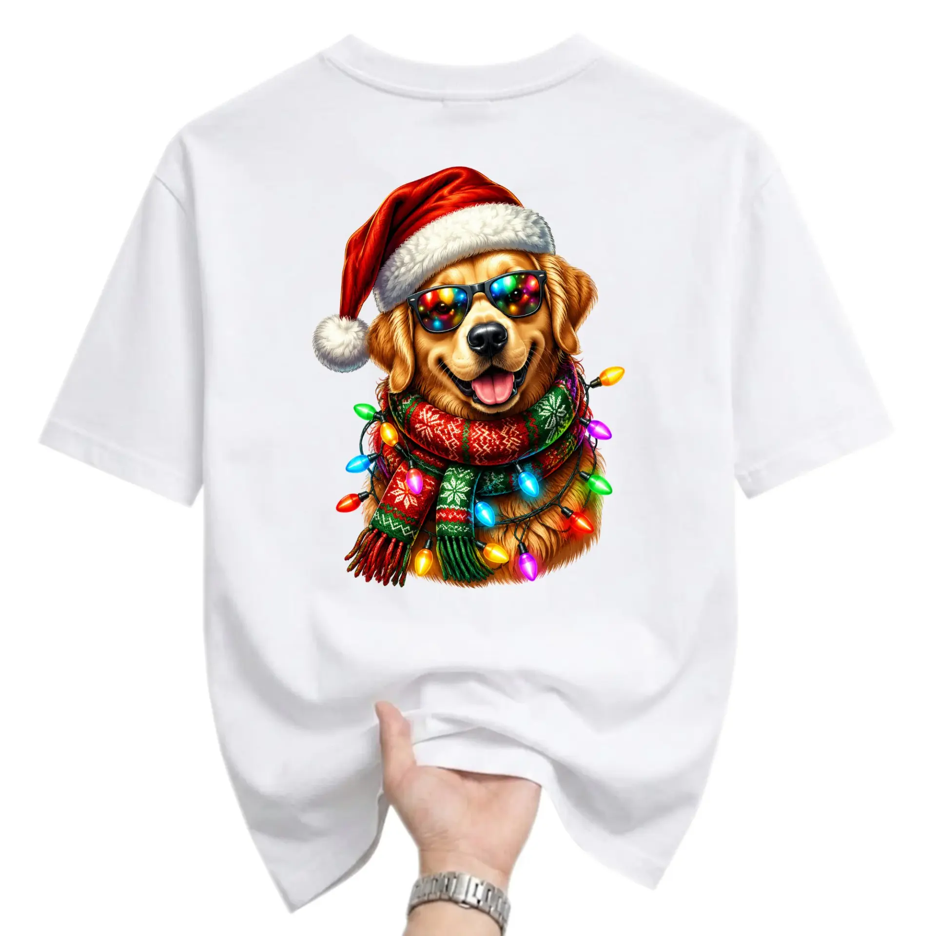 Graphic Tee Christmas Golden Retriever Dog Wearing Santa Hat and Colorful