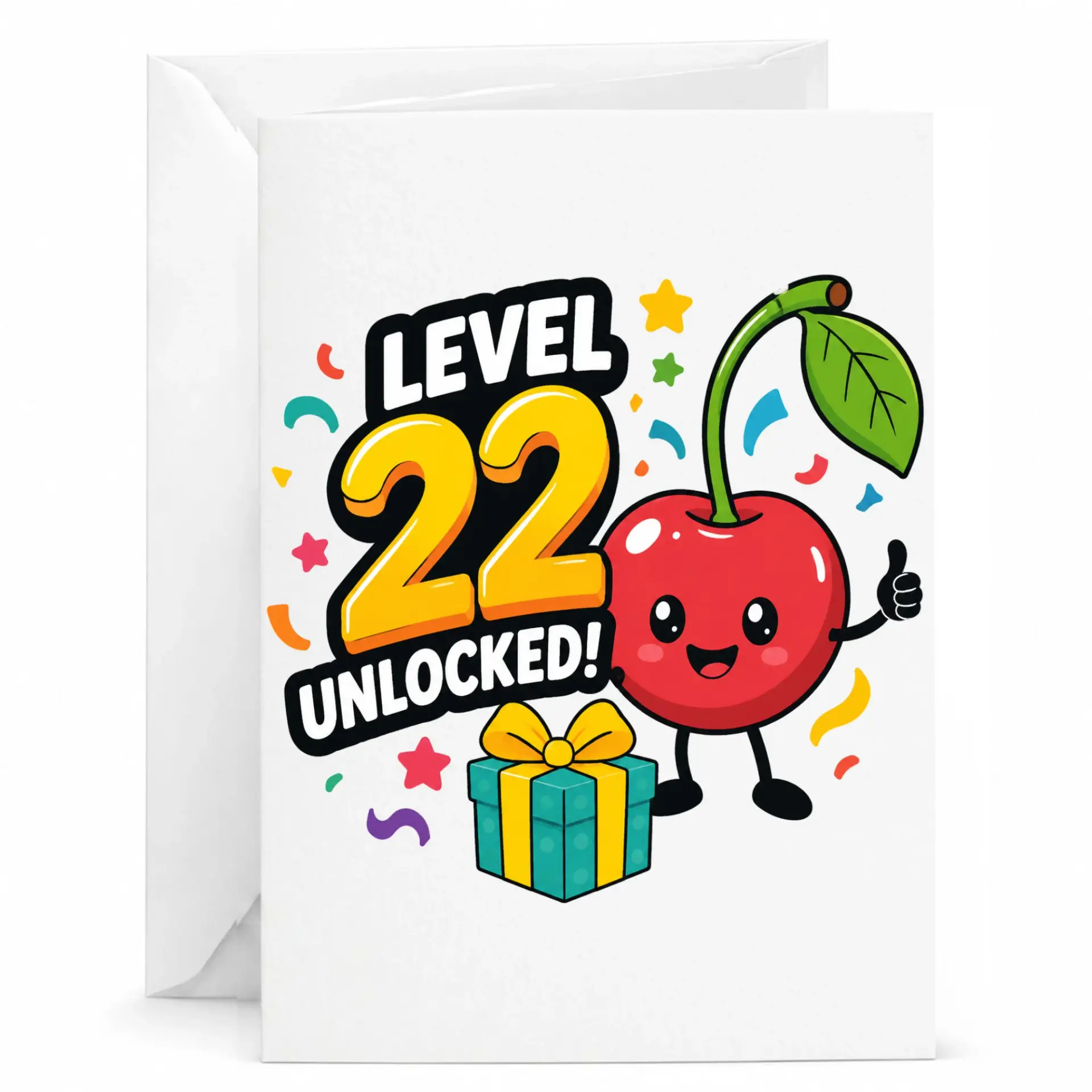 Funny Birthday Card Level 22 Unlocked Cute Cherry Illustration Greeting Card with Envelope for Twenty Second Birthday