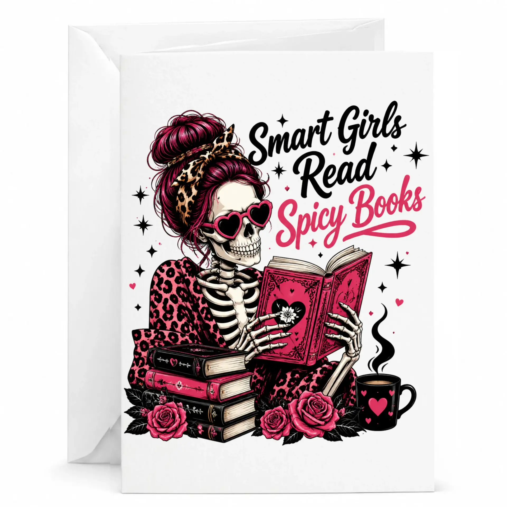 Funny Greeting Card Girls Read Spicy Books Skeleton Illustration Reader Aesthetic Stationery Note
