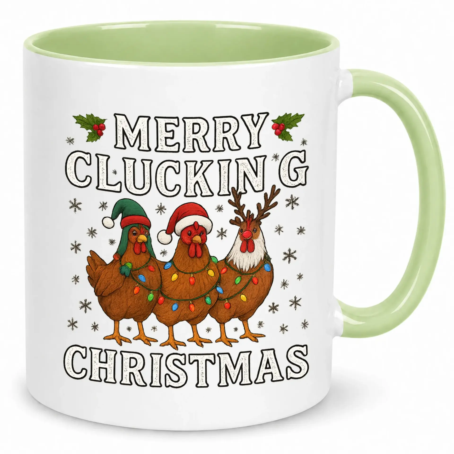 Funny Christmas Ceramic Coffee Mug with Chickens and Punny 'merry Clucking Christmas' Design, Holiday Gift for Farm Animal Lovers