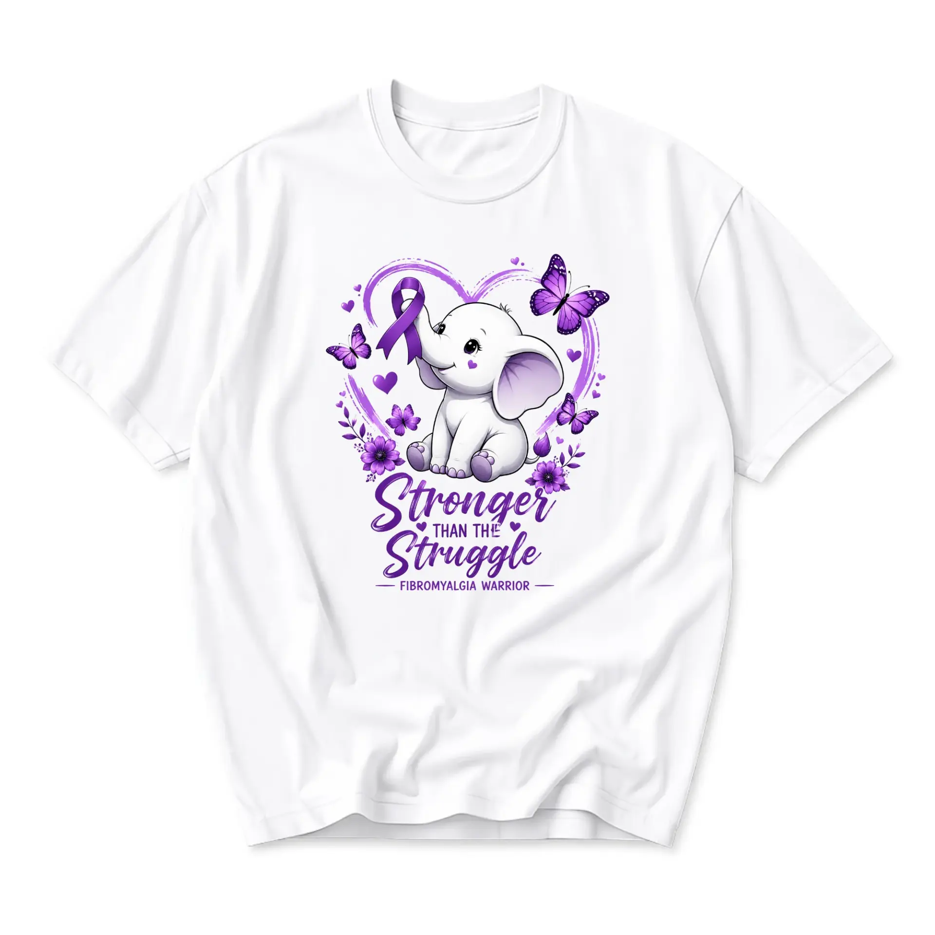 Graphic Tee Fibromyalgia Warrior Elephant Shirt Stronger Than the Struggle Awareness Purple Ribbon Unisex Apparel