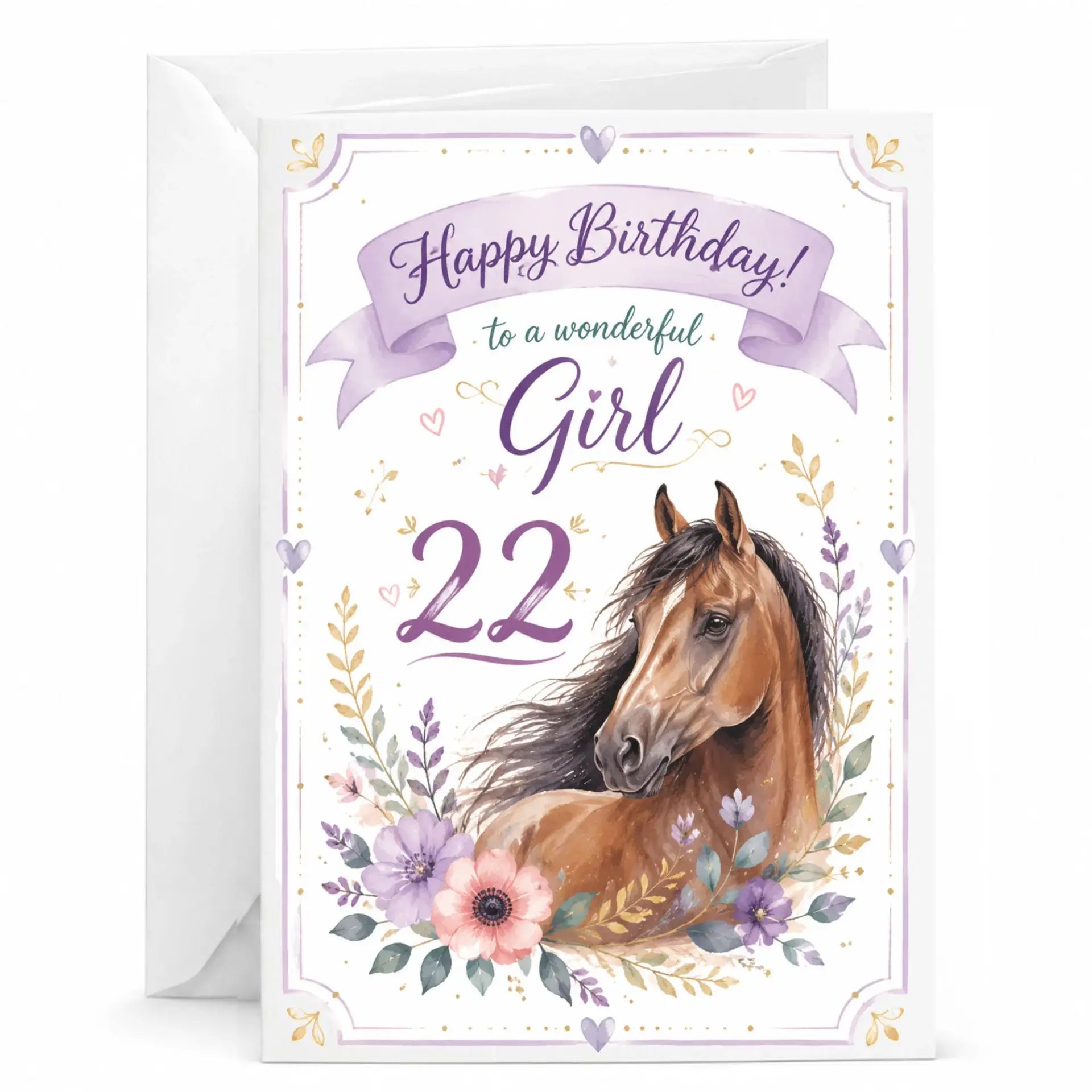 Birthday Card for 22nd Birthday with Horse Illustration and Floral Accents, Happy Birthday Greeting Card for Her
