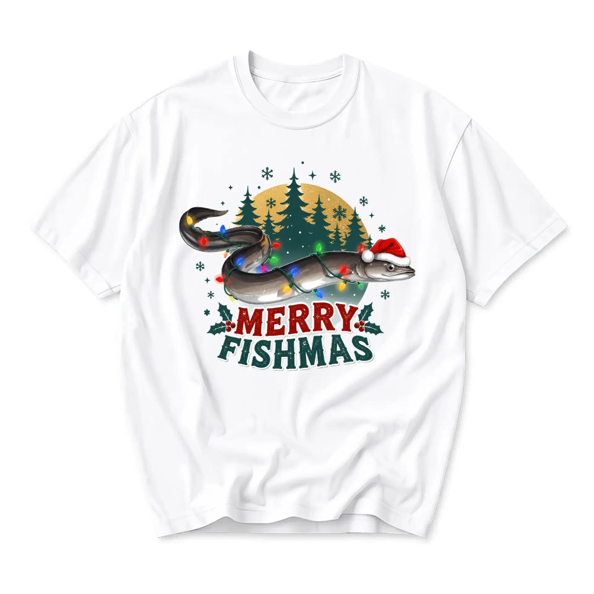 Funny Shirt Merry Fishmas Eel Graphic Tee Holiday Seasonal Apparel Unisex Crew Neck Short Sleeve Cotton Blend Top