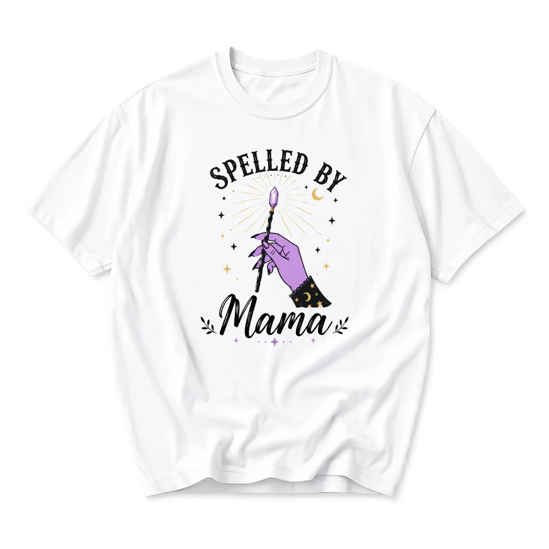 Funny Shirt Spelled by Mama Witch Graphic Tee Mystical Celestial Hand Print Unisex Short Sleeve Crew Neck Top