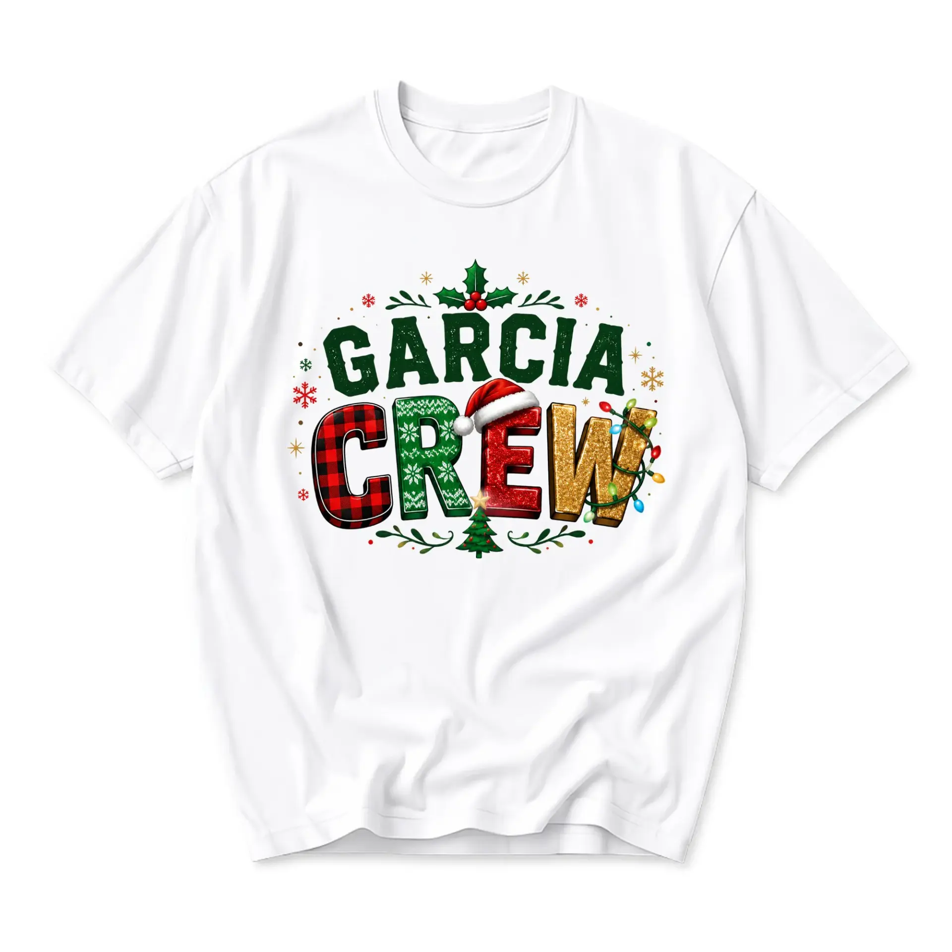Graphic Tee Garcia Crew Christmas Shirt Holiday Themed Festive Seasonal Apparel for Family Gatherings White Cotton