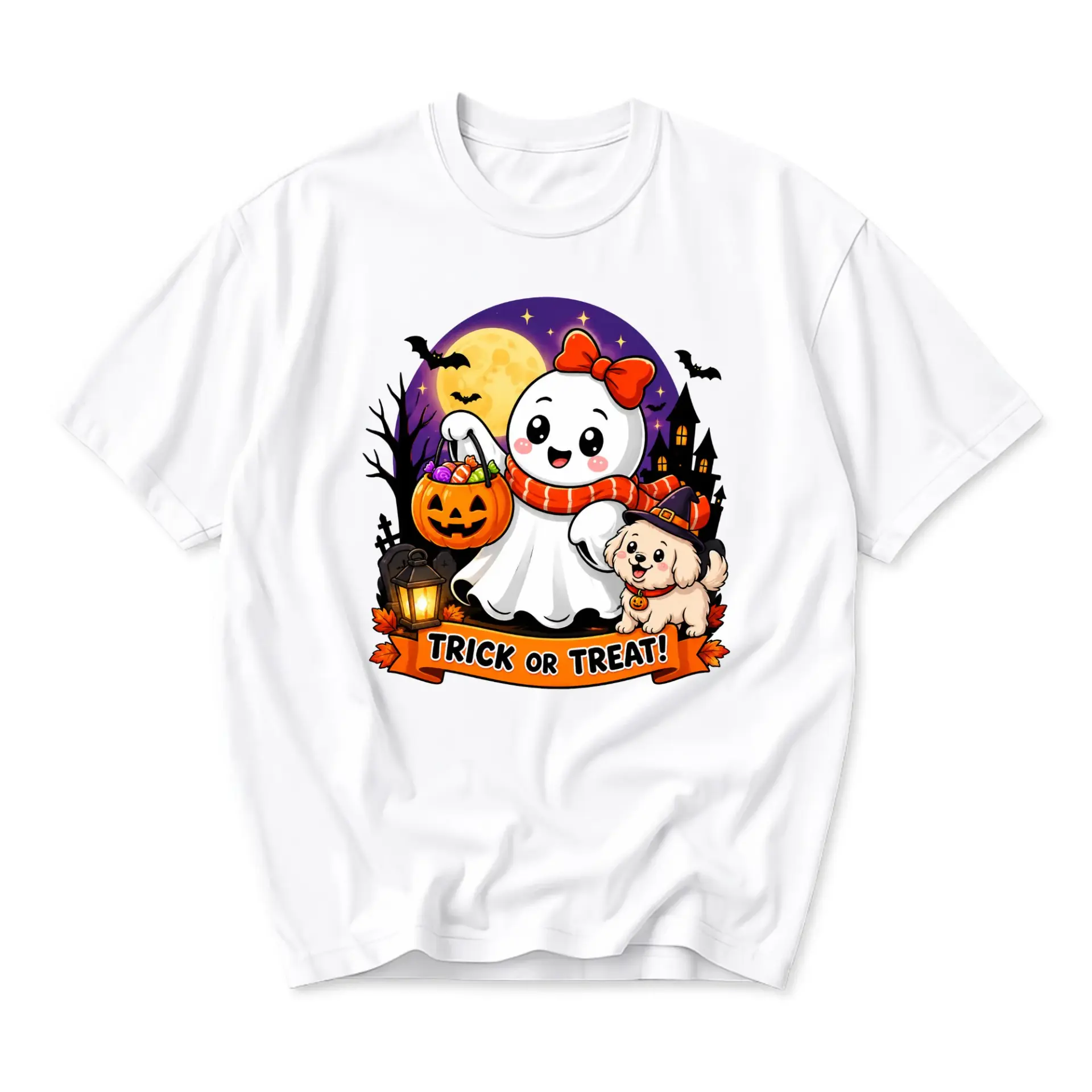 Graphic Tee Trick or Treat Ghost and Puppy Halloween Unisex Short Sleeve Crew Neck Casual Cotton Blend Shirt