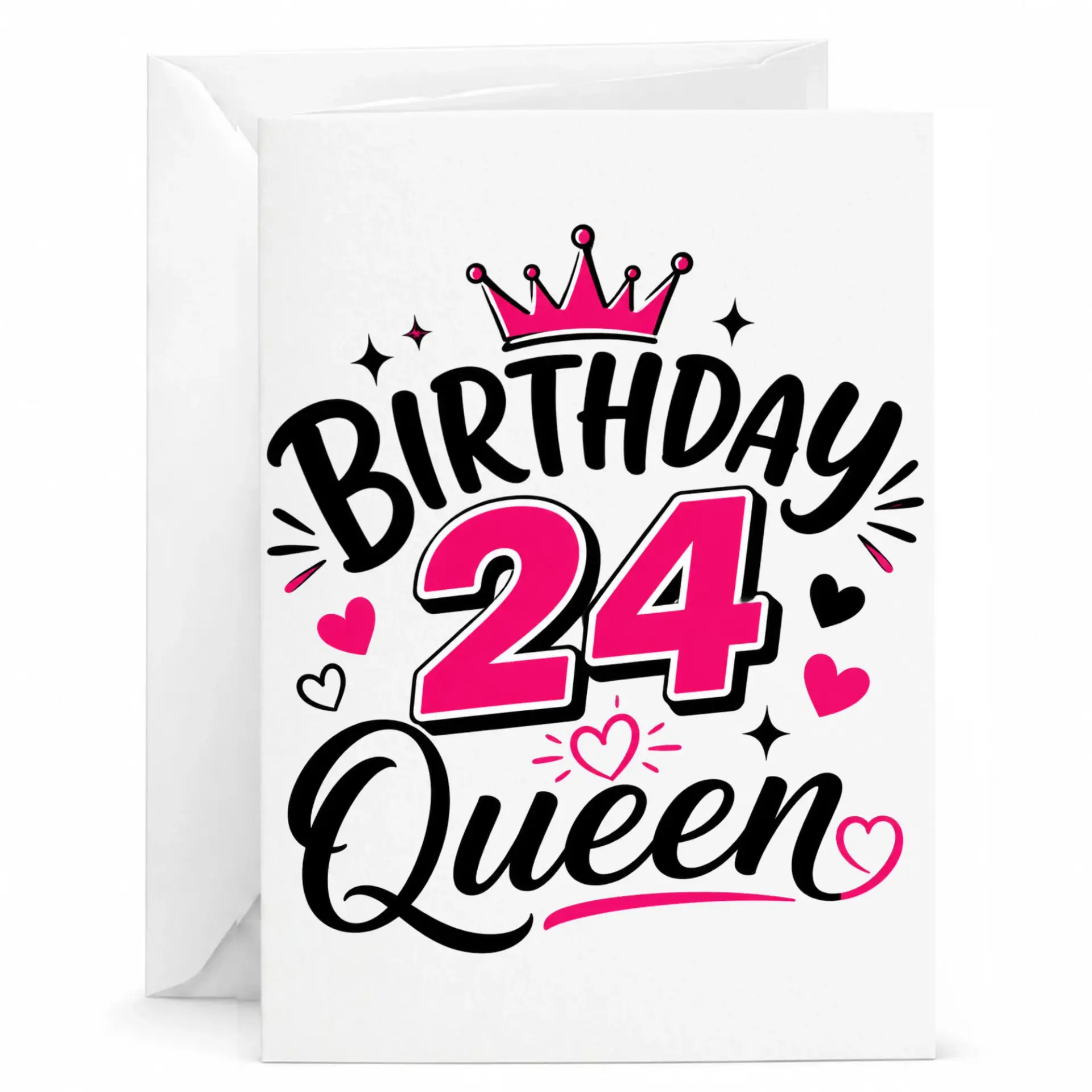 Birthday Card 24 Queen Decorative Typography Design with Crown and Hearts for Milestone Twenty Fourth Birthday Celebration
