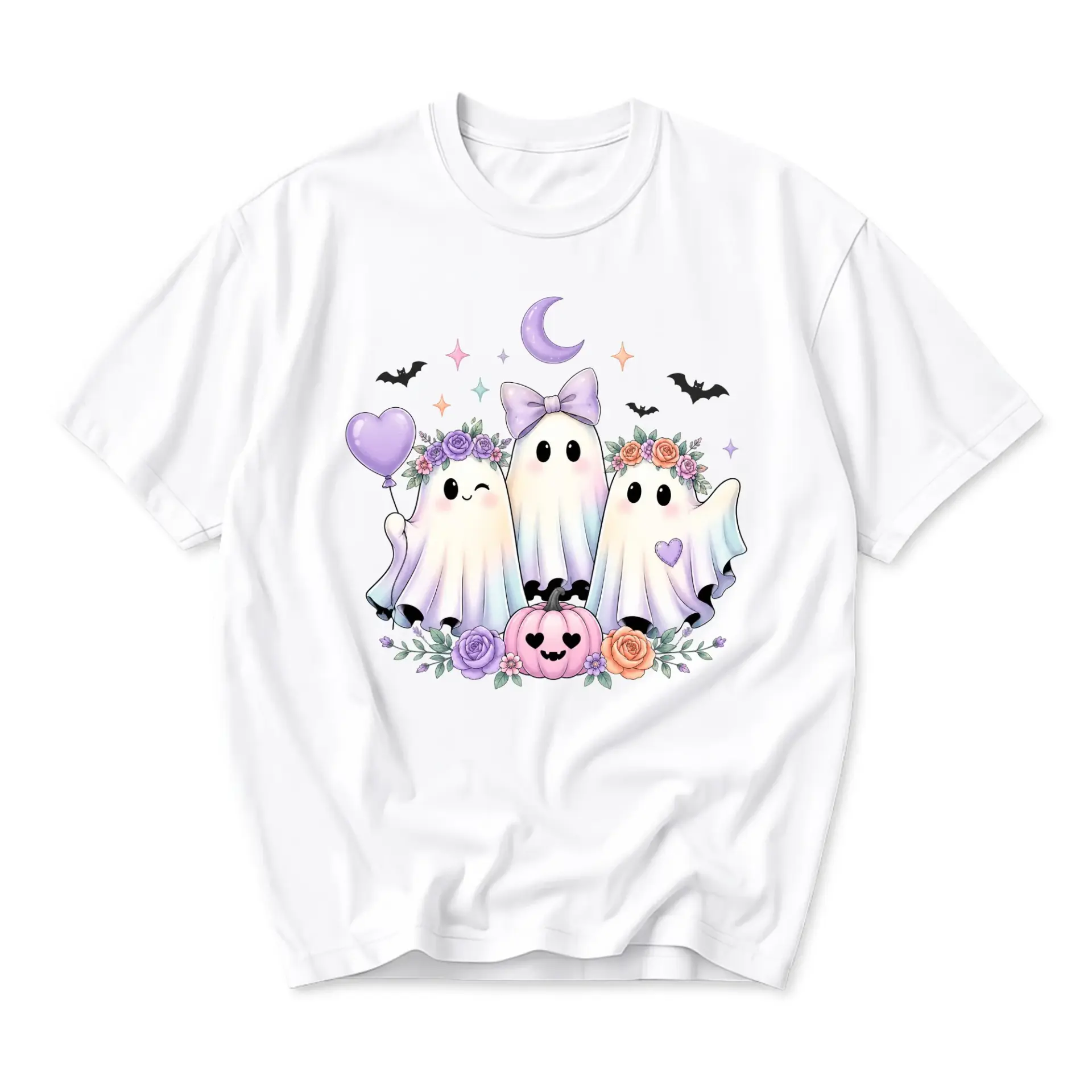 Graphic Tee Cute Pastel Ghost Trio Wearing Floral Crowns and Bows Casual Unisex Crew Neck Short Sleeve Shirt