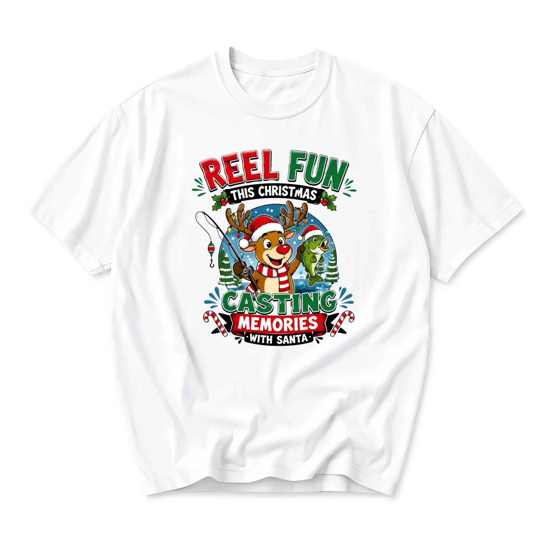 Funny Shirt Reel Fun Christmas Fishing Graphic Tee Holiday Seasonal Casual Apparel Unisex Crew Neck Cotton Blend Top