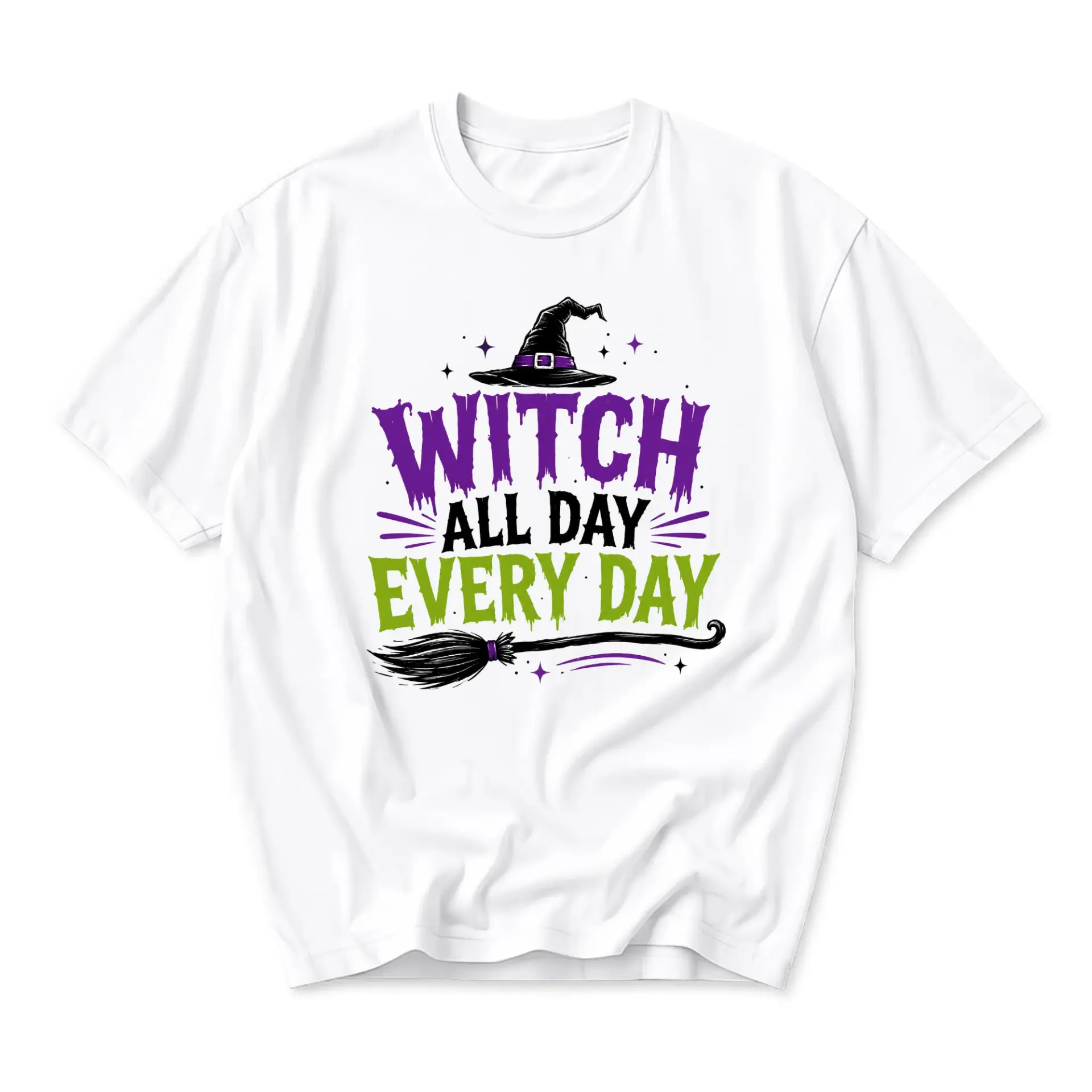 Funny Shirt Witch All Day Every Day Graphic Tee Casual Unisex Crew Neck Seasonal Holiday Apparel White Short Sleeve