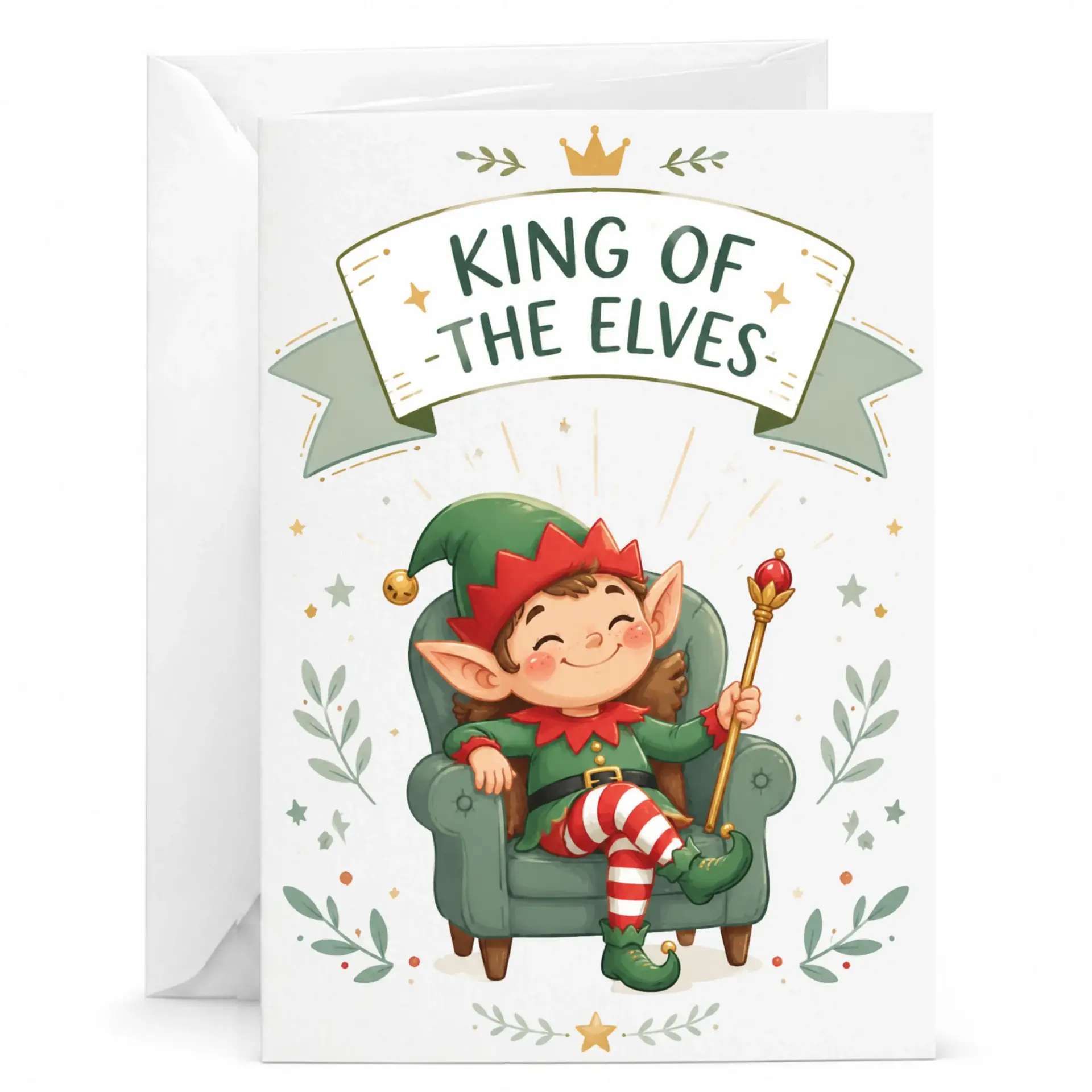 Funny King of the Elves Greeting Card Whimsical Holiday Character Illustration for Friends and Family Members